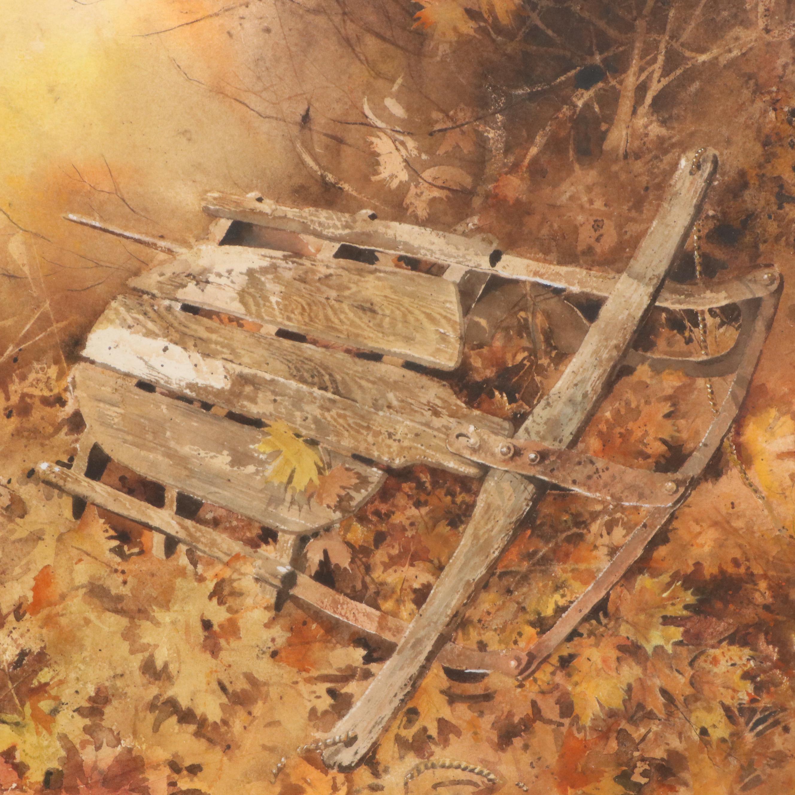 Frank McElwain Autumnal Watercolor Painting with Abandoned Sled