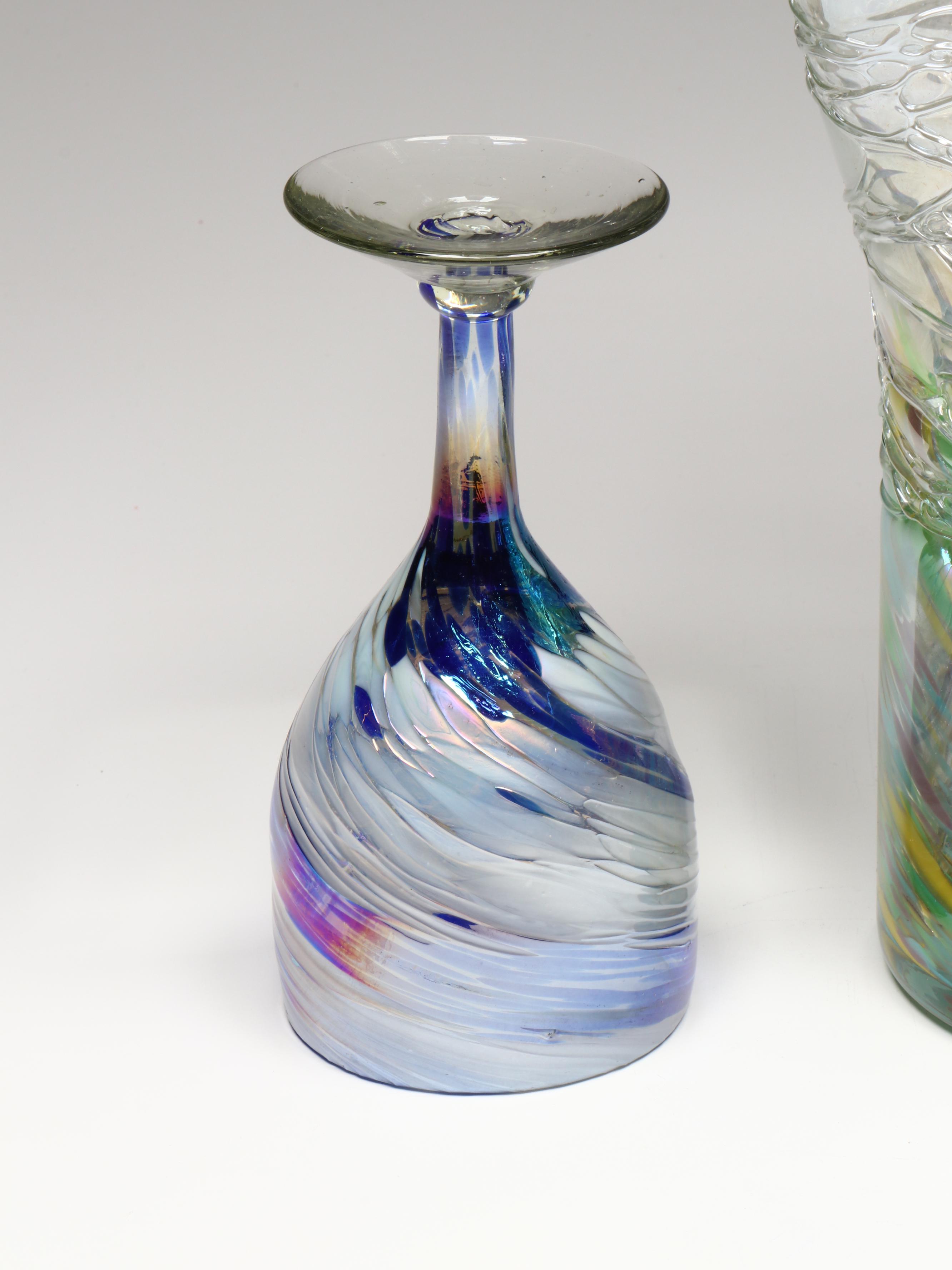 Art Glass Handkerchief Vase with Art Glass Swirl Water Goblet
