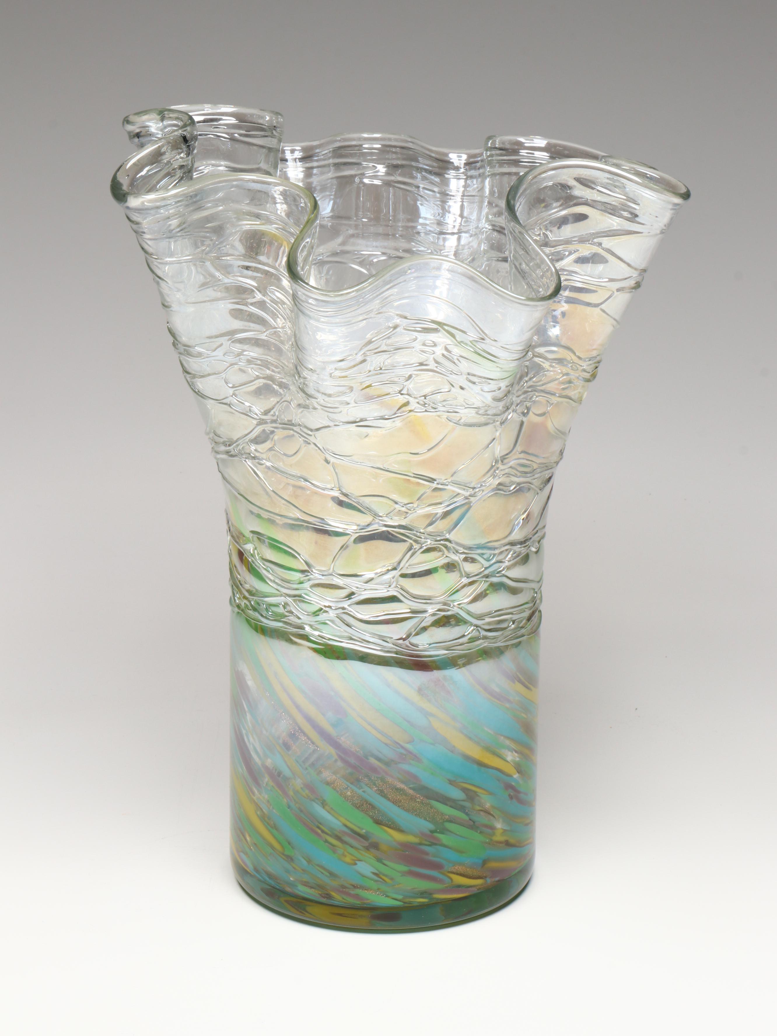 Art Glass Handkerchief Vase with Art Glass Swirl Water Goblet