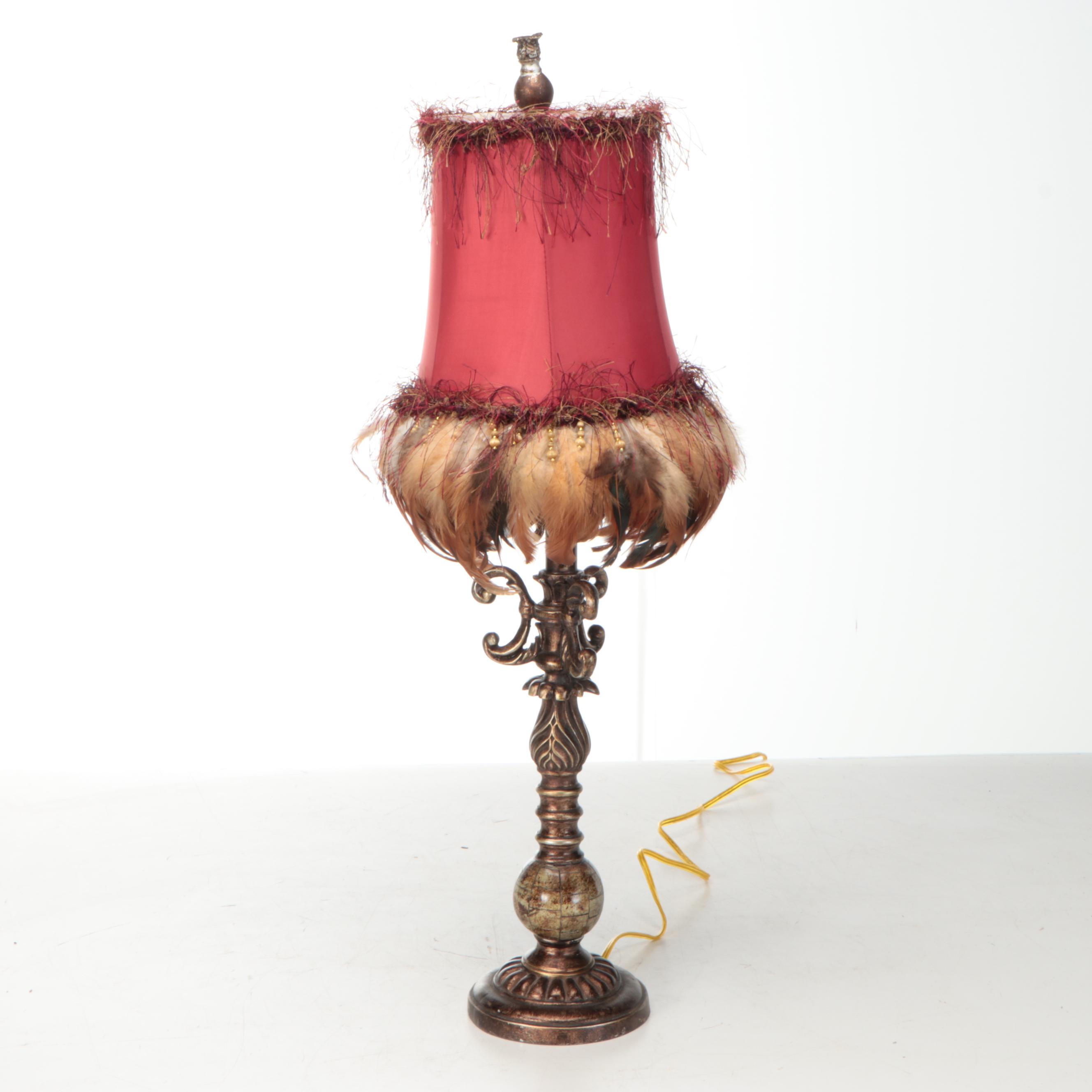 Bronzed Resin Table Lamps and Silk Shades with Rooster Tail and Maribou Trim