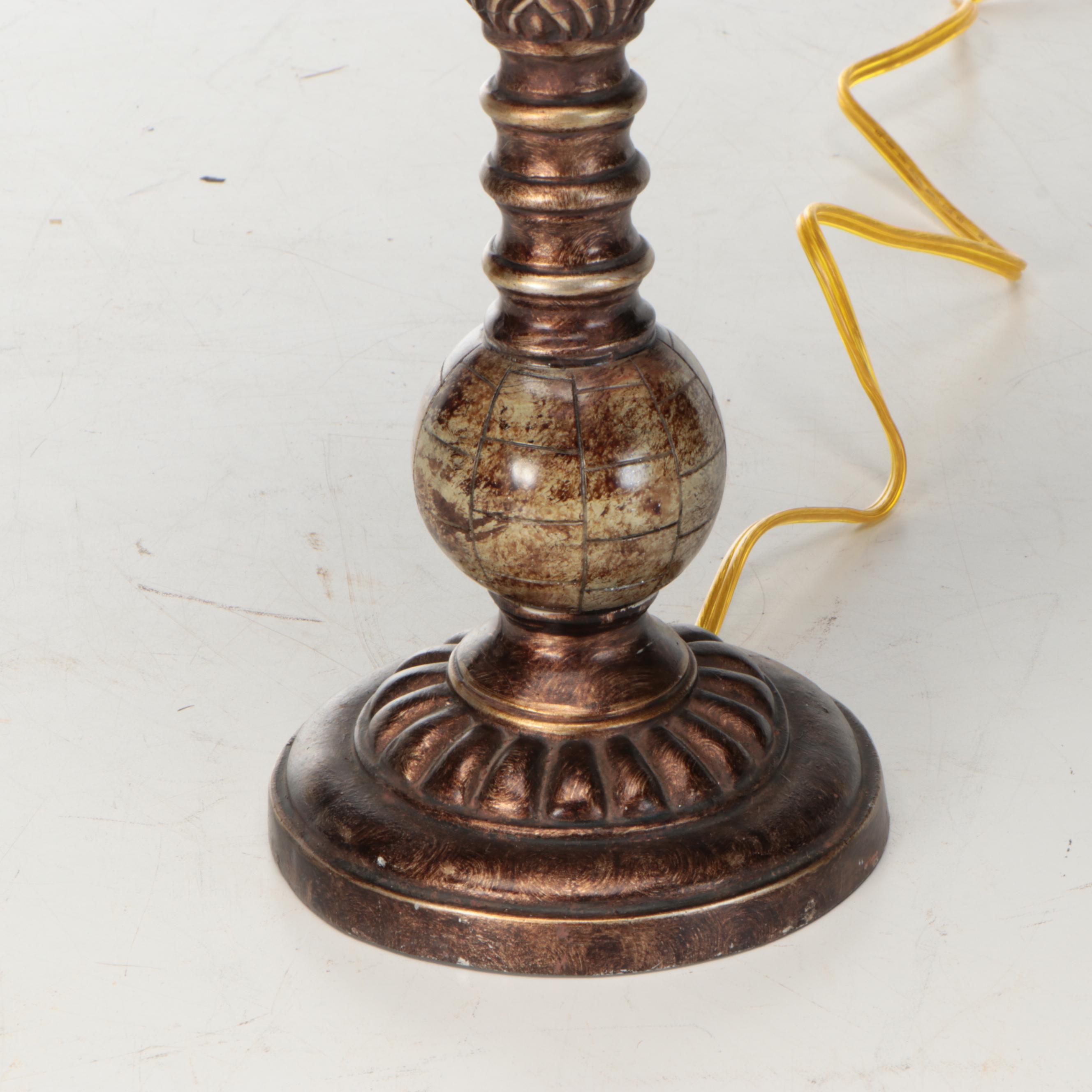 Bronzed Resin Table Lamps and Silk Shades with Rooster Tail and Maribou Trim