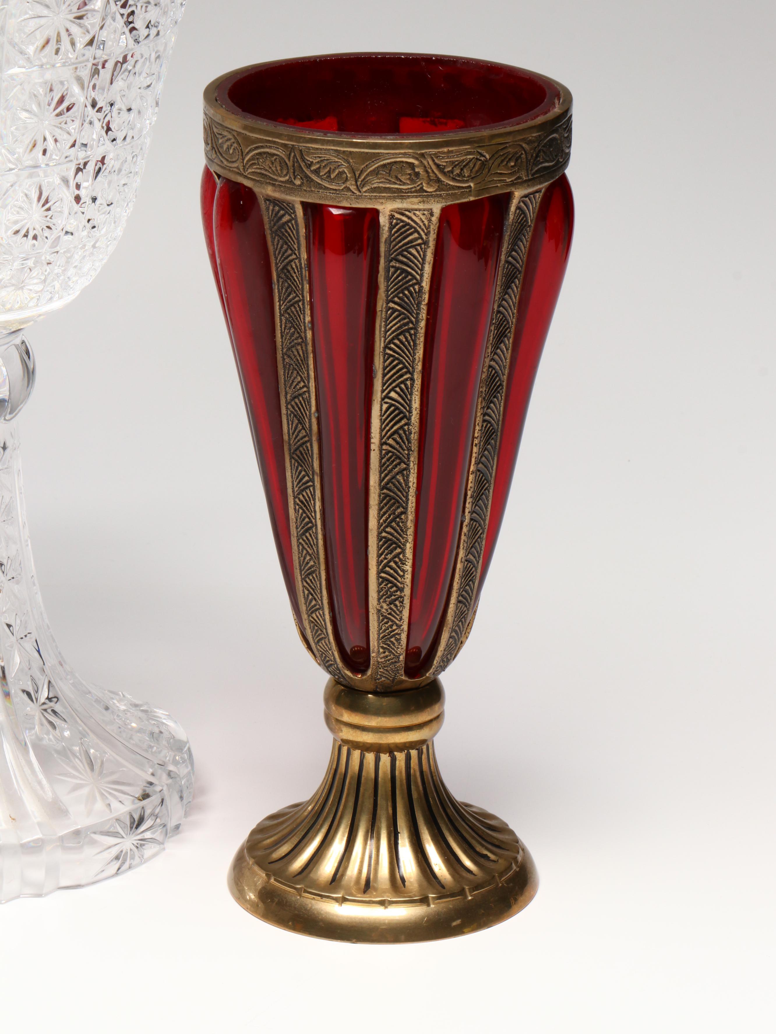 Towle Crystal Pedestal Bowl, Amber Glass Basket, and Brass Cased Red Glass Vase