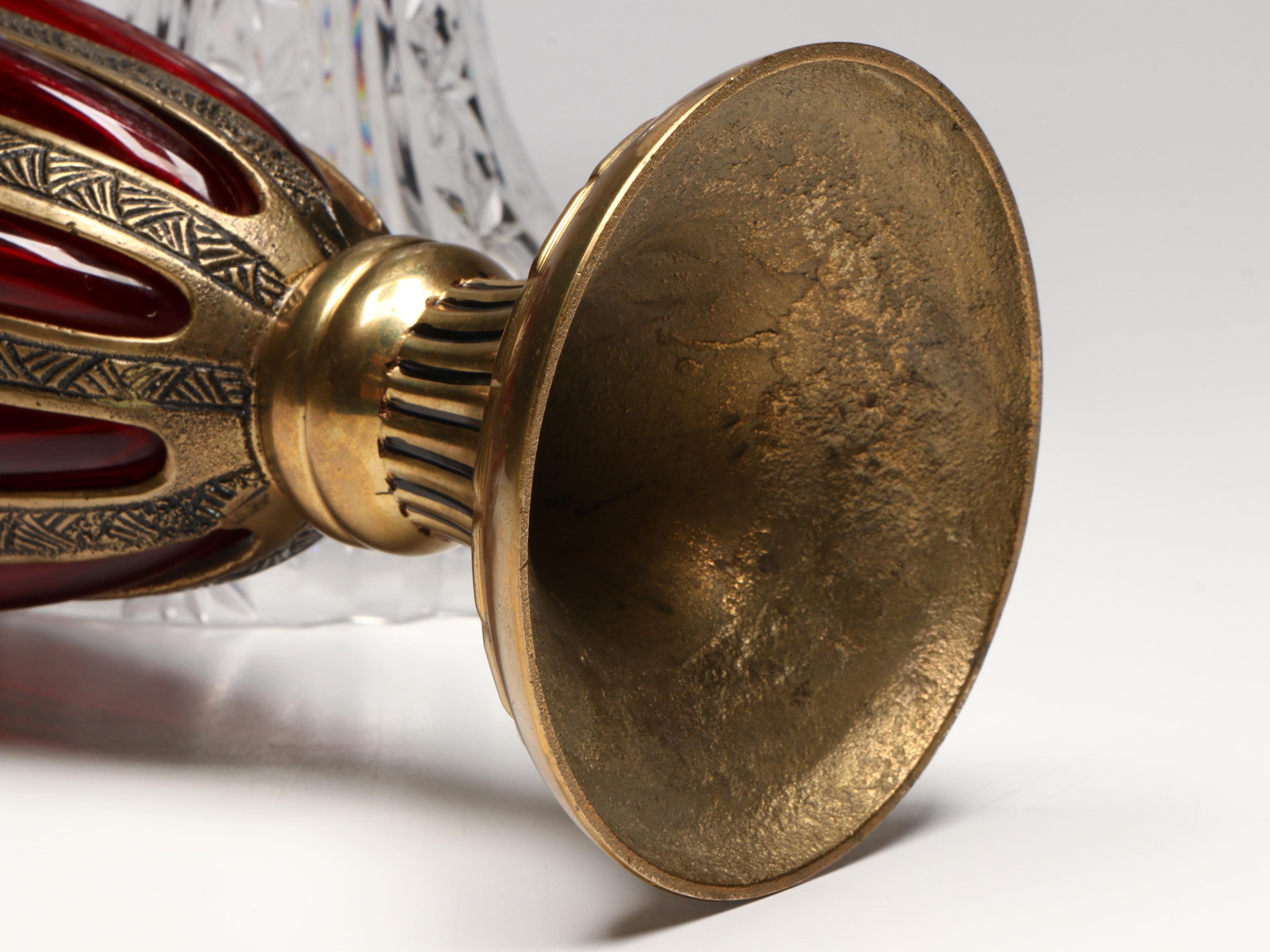 Towle Crystal Pedestal Bowl, Amber Glass Basket, and Brass Cased Red Glass Vase