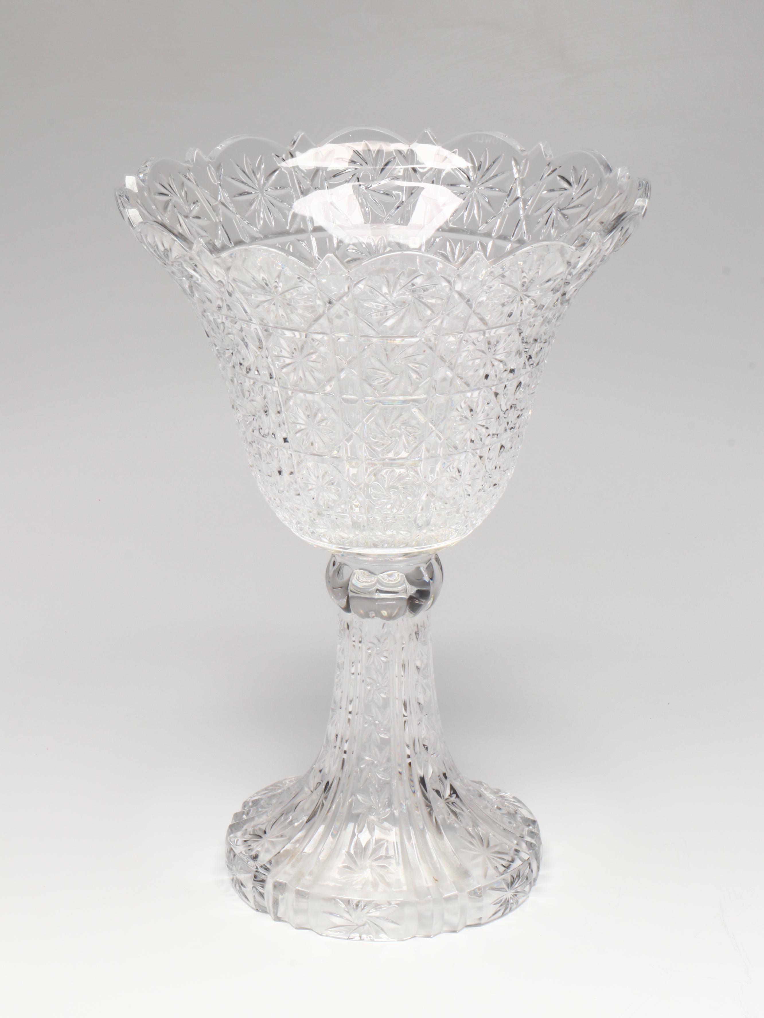 Towle Crystal Pedestal Bowl, Amber Glass Basket, and Brass Cased Red Glass Vase