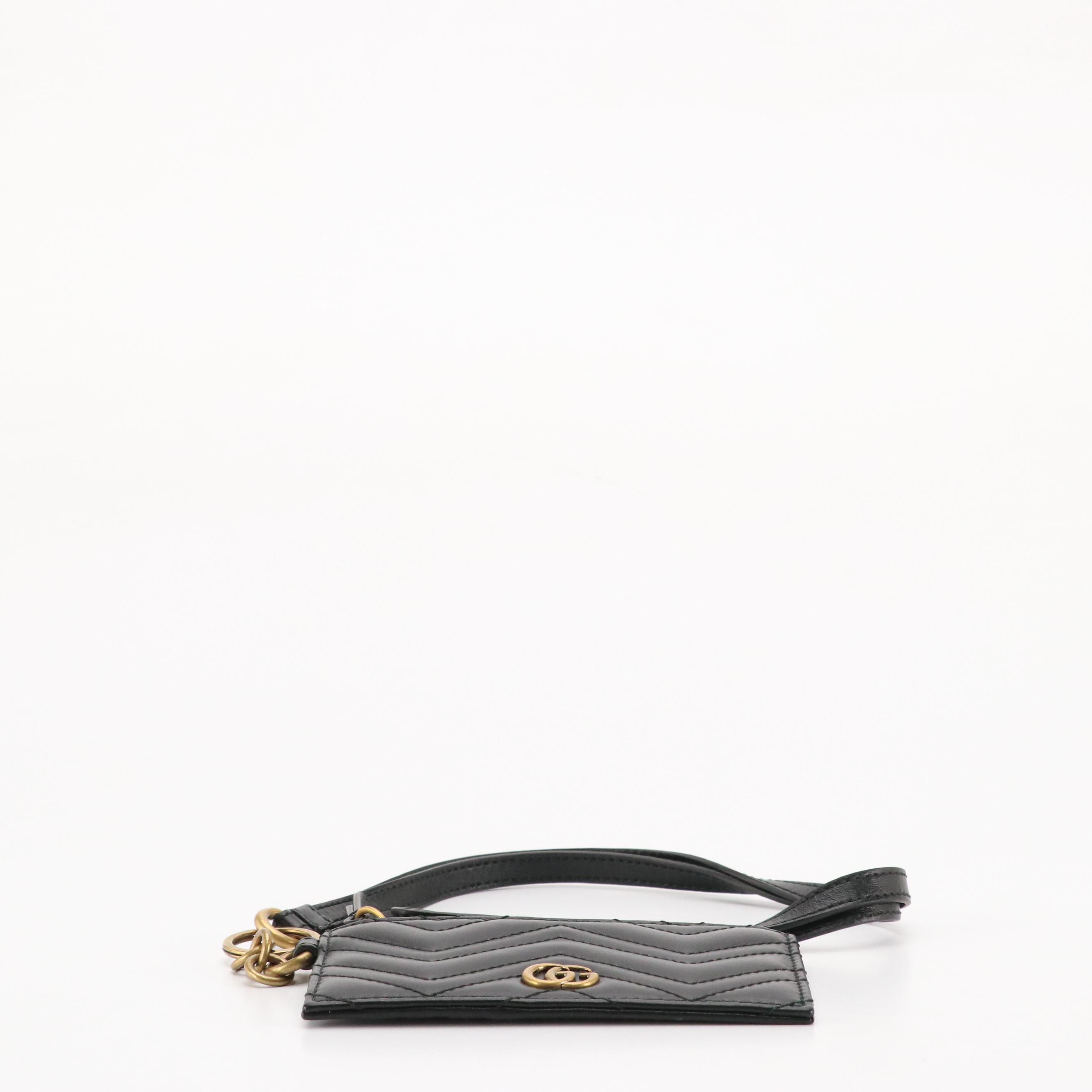 Gucci GG Marmont Compact Card Case with Strap in Black Matelassé Chevron Leather