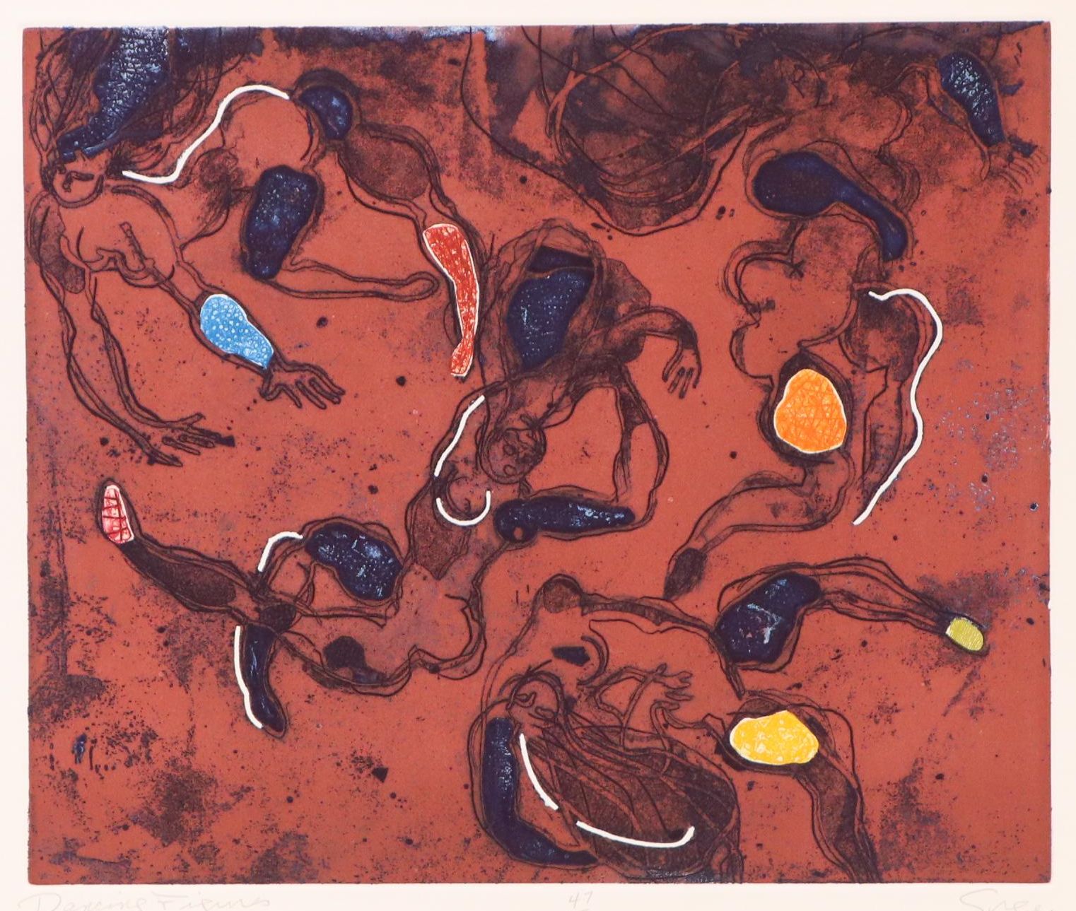 Walter Sorge Color Etching "Dancing Figures," Circa 1990