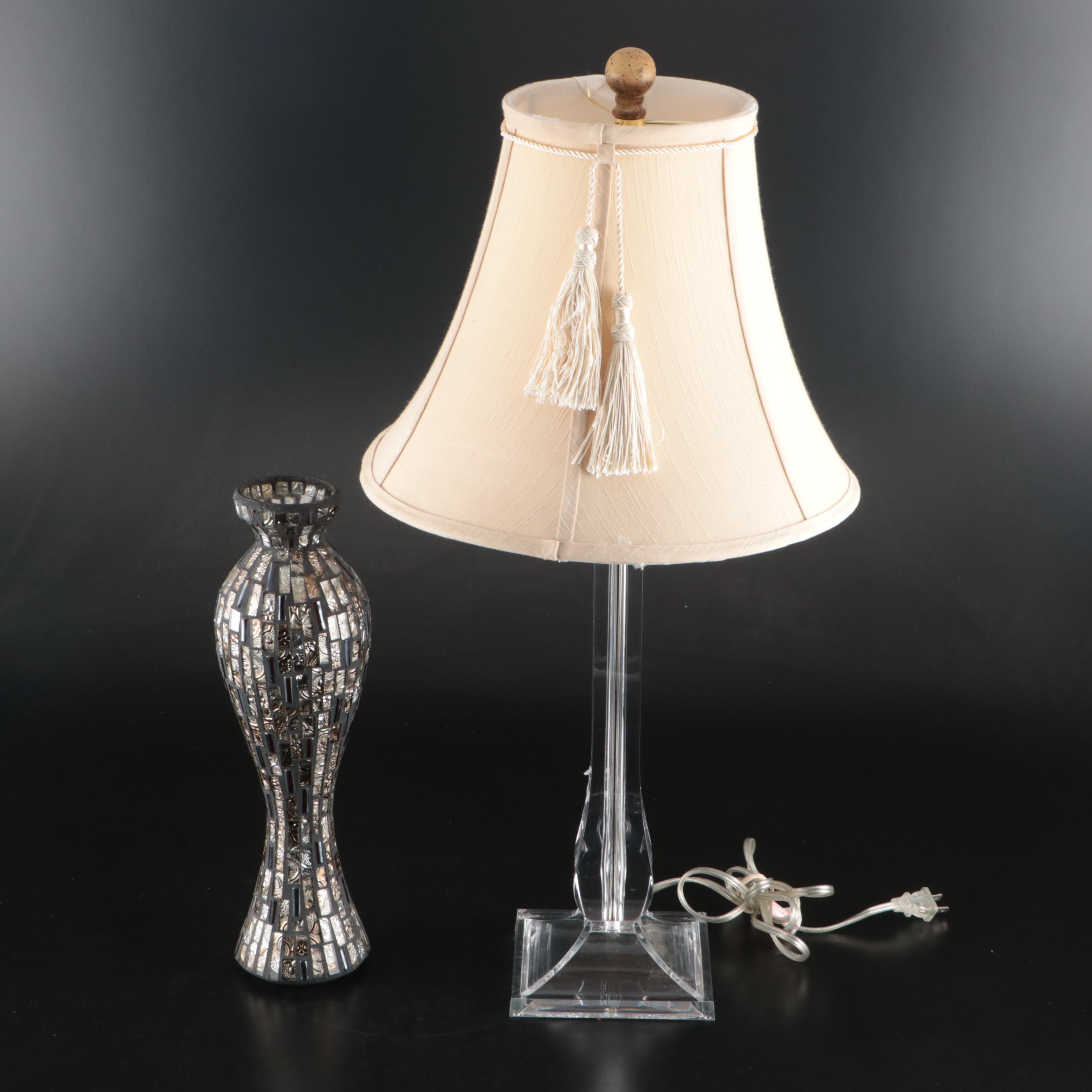 Lucite Column Table Lamp, Glass Mosaic Vase, and Partylite Glass Cake Stand