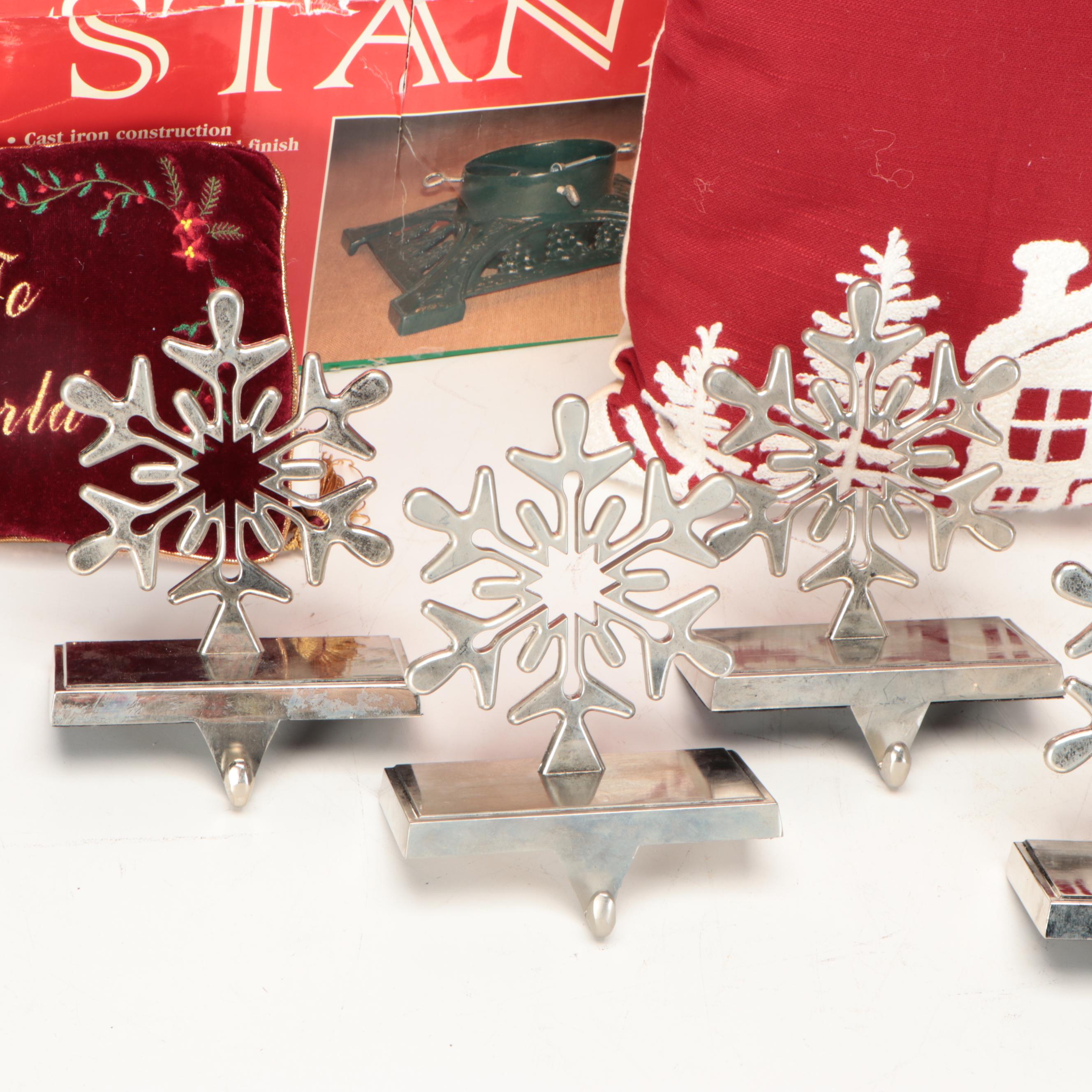 Snowflake Stocking Hooks with Stockings, Pillows and Christmas Tree Stand