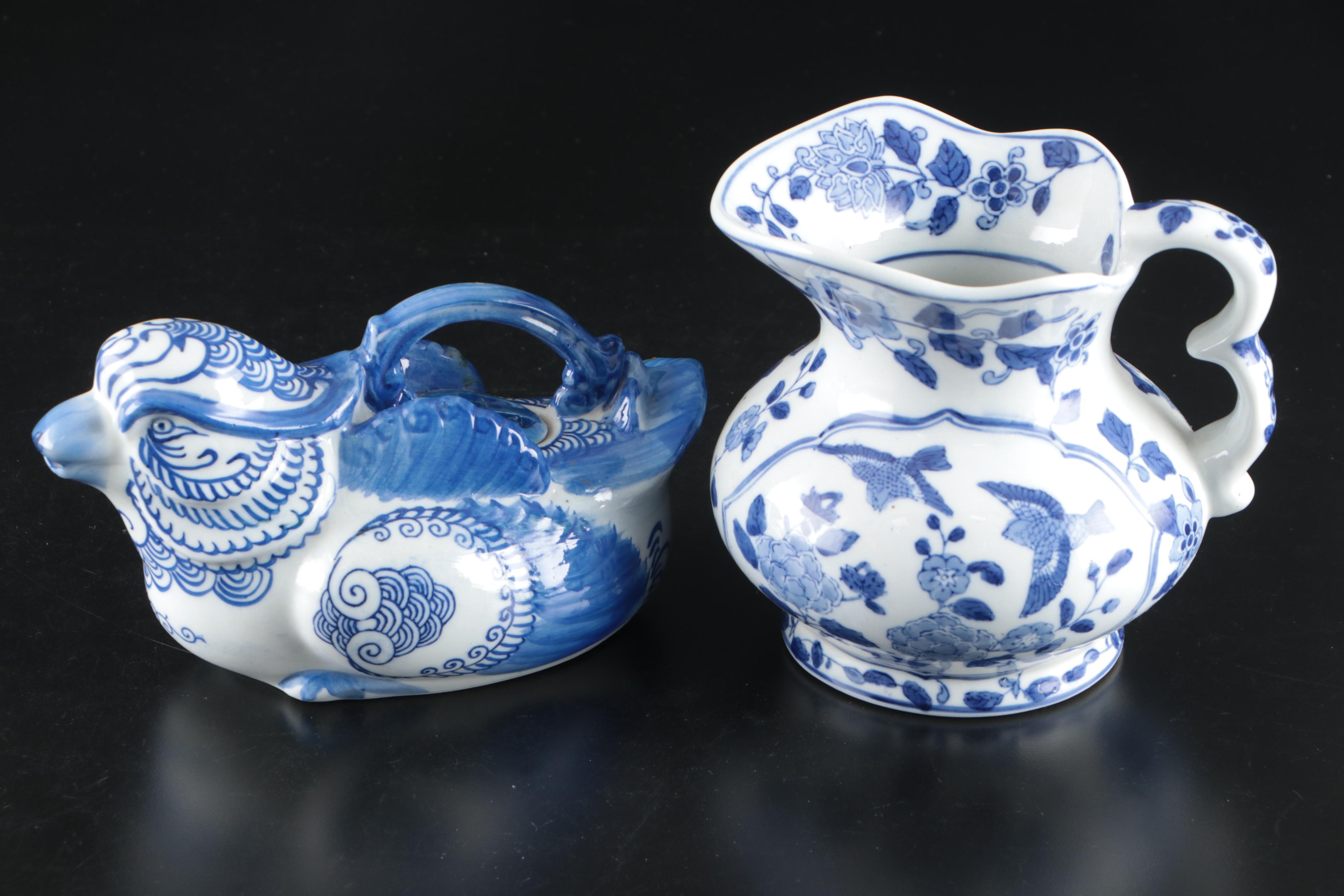 Blue and White Porcelain Duck Teapot, Pitcher and Candle Holders