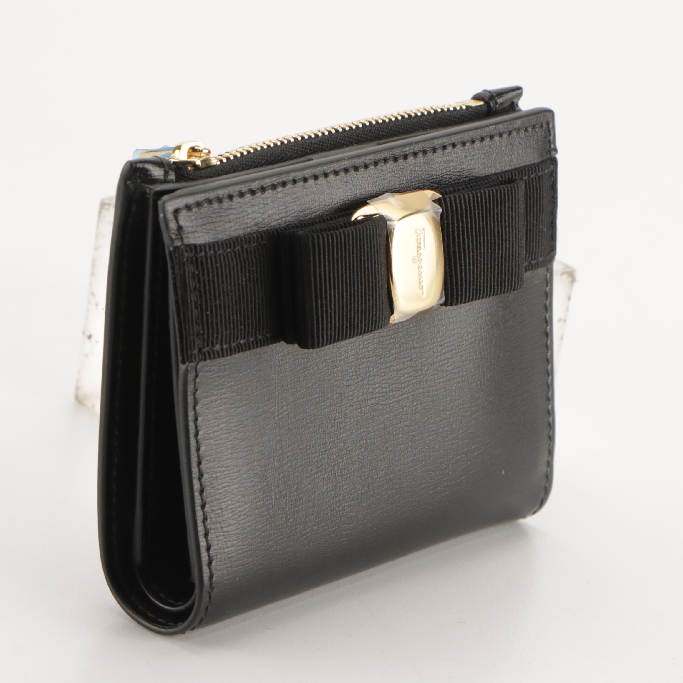 Salvatore Ferragamo Vara Bow Bifold Wallet in Black Leather, With Box