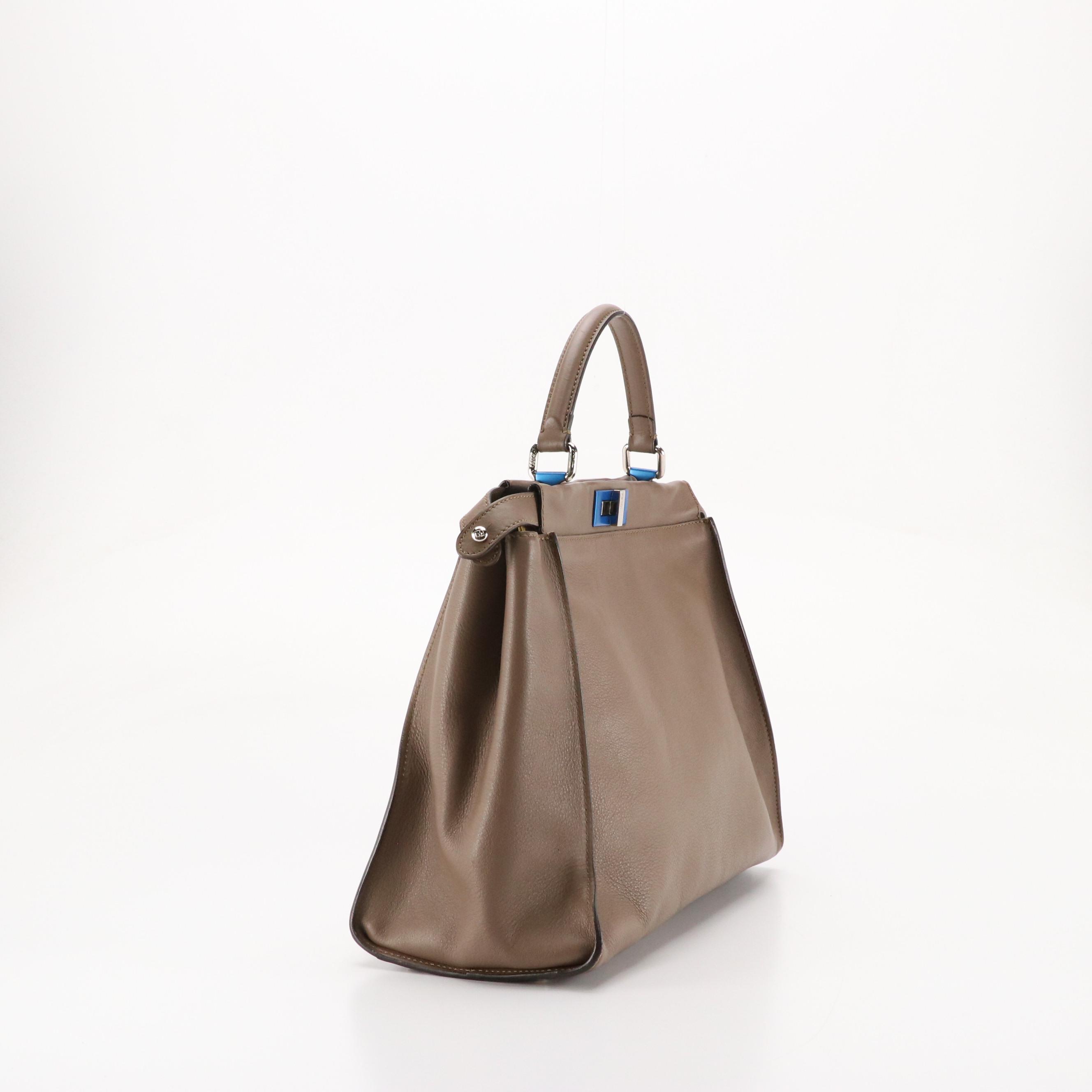 Fendi Large Peekaboo Handbag in Taupe Brown Leather with Blue Accents