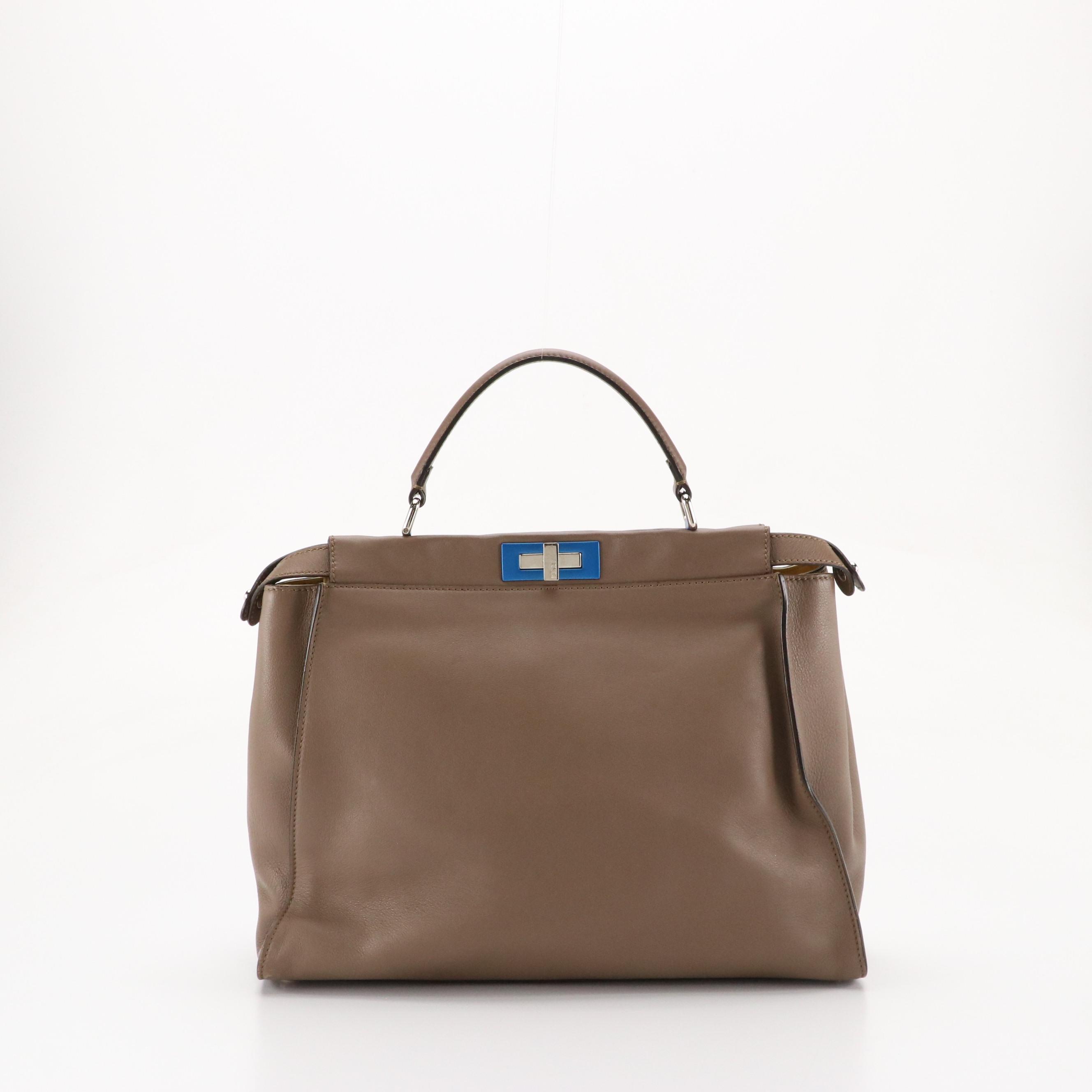 Fendi Large Peekaboo Handbag in Taupe Brown Leather with Blue Accents