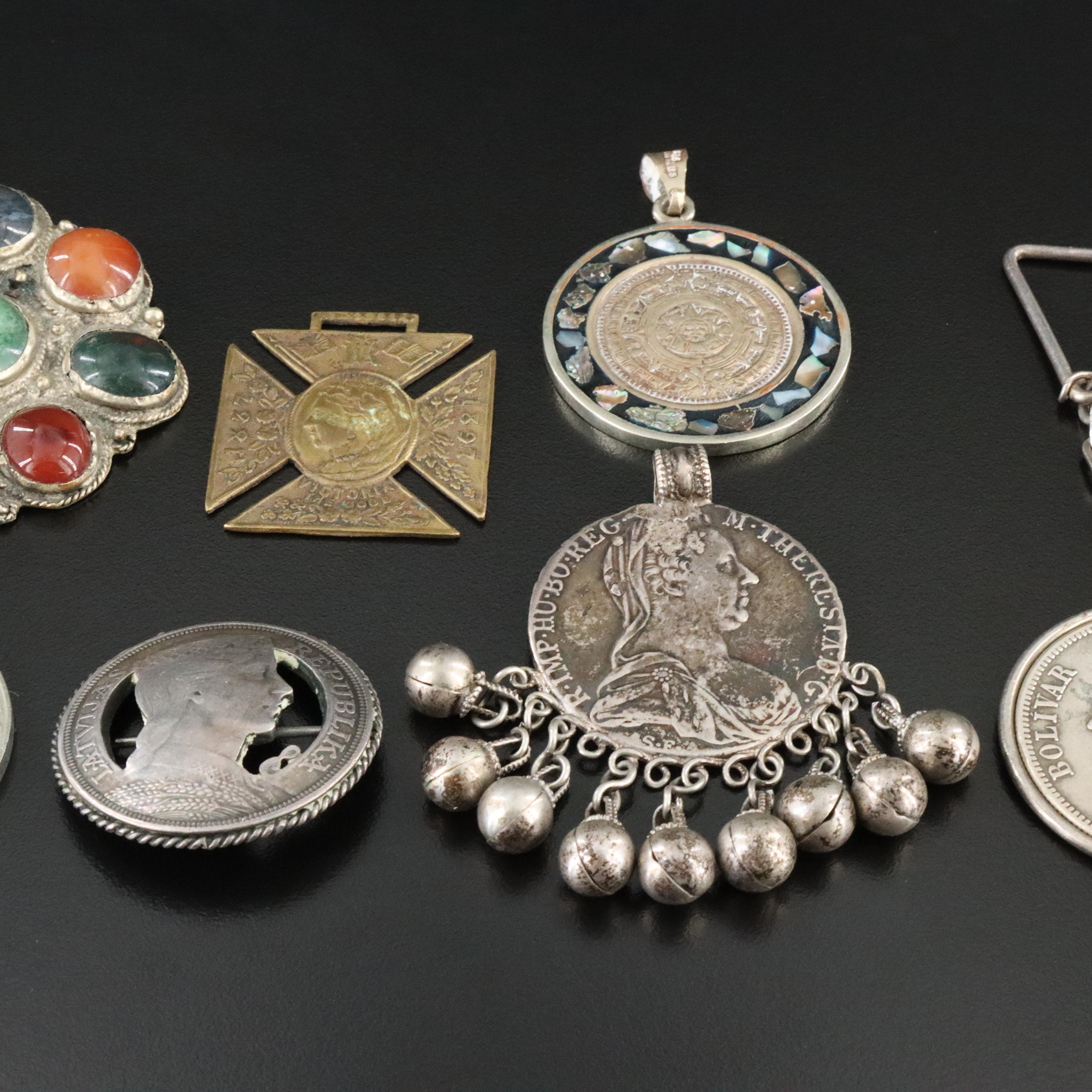 Sterling, Abalone and Coins Featured in Pendant, Brooch and Key Chain Collection