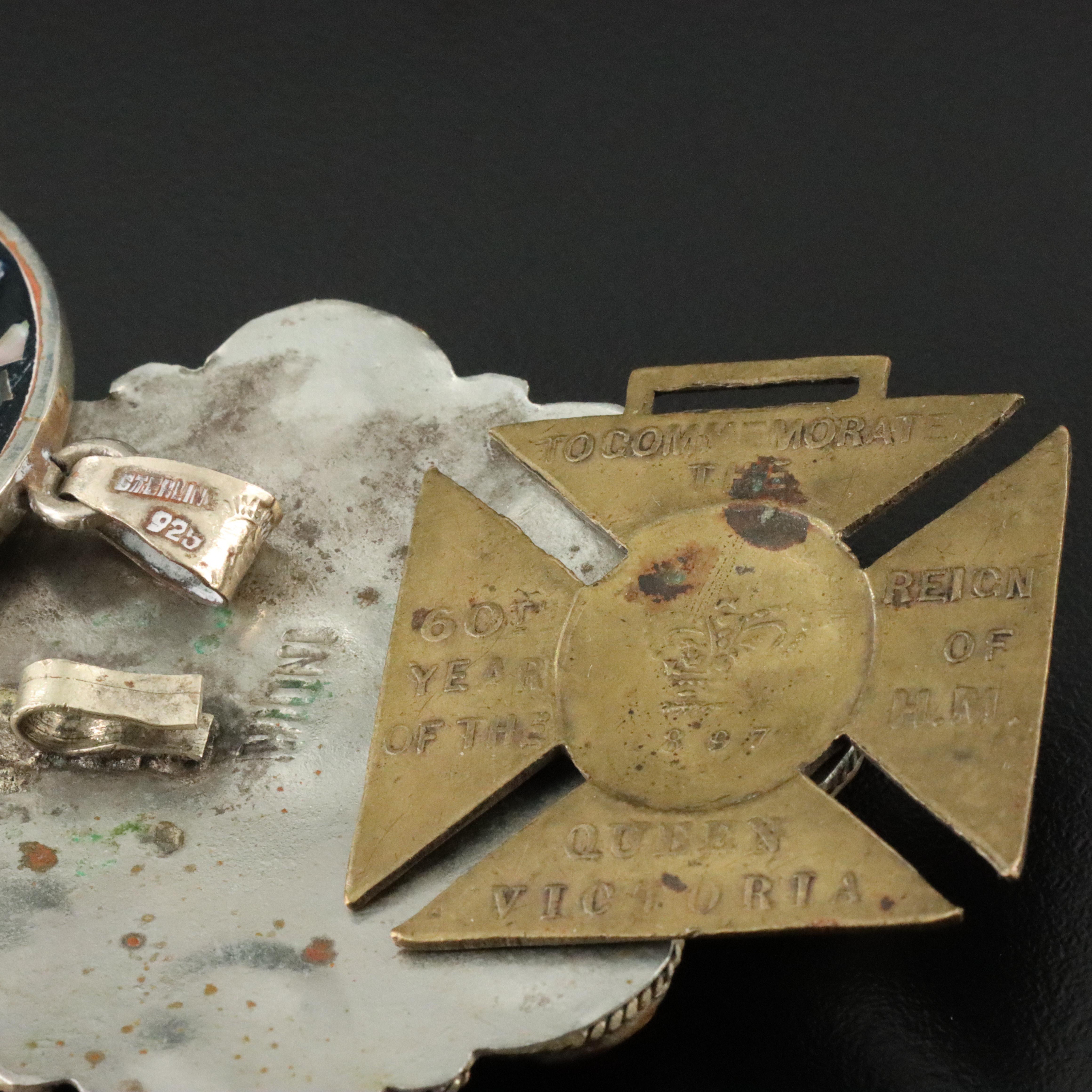 Sterling, Abalone and Coins Featured in Pendant, Brooch and Key Chain Collection