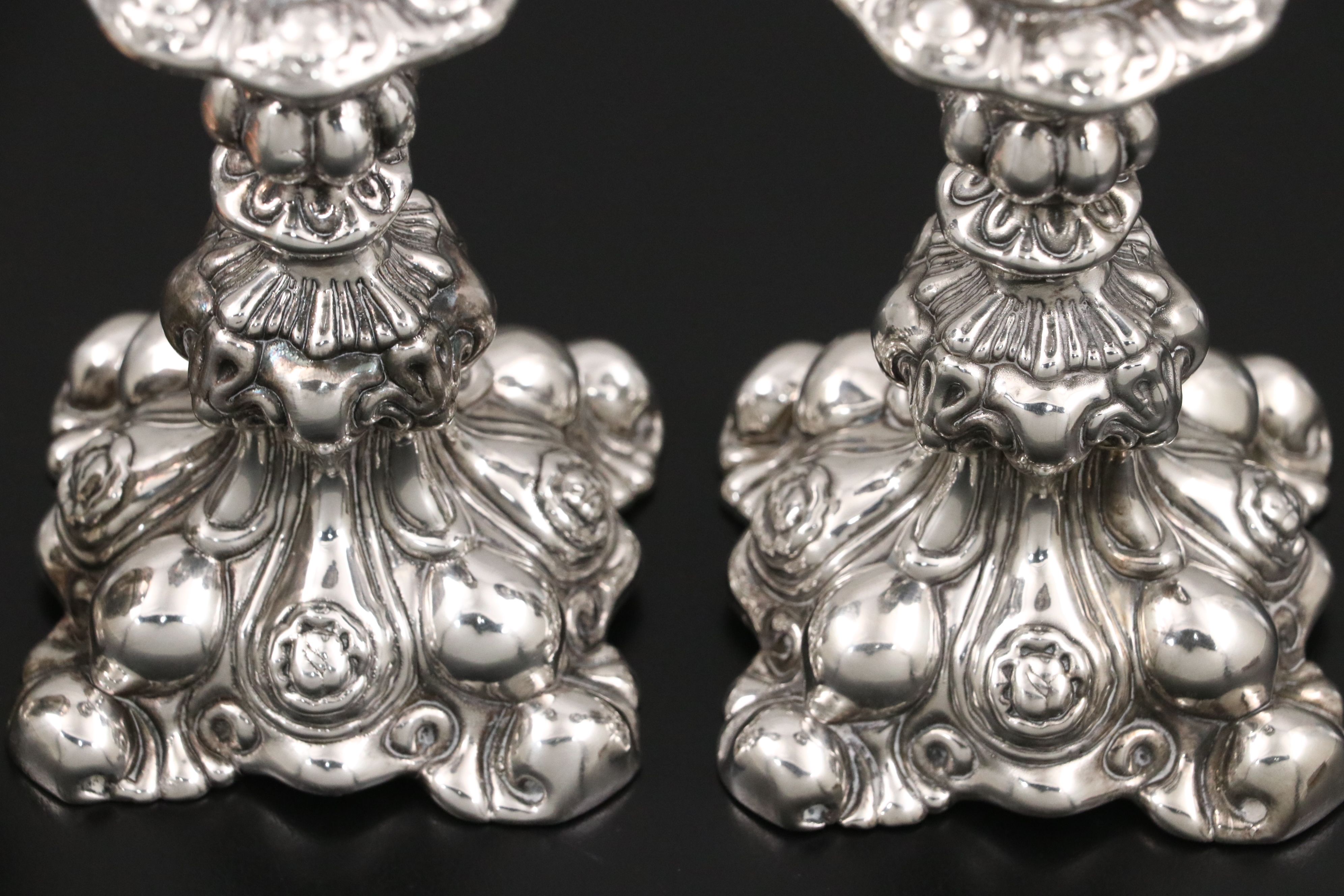 925 Silver Repoussé Candle Holders with Metal Cups, Box, and Decanter Tag