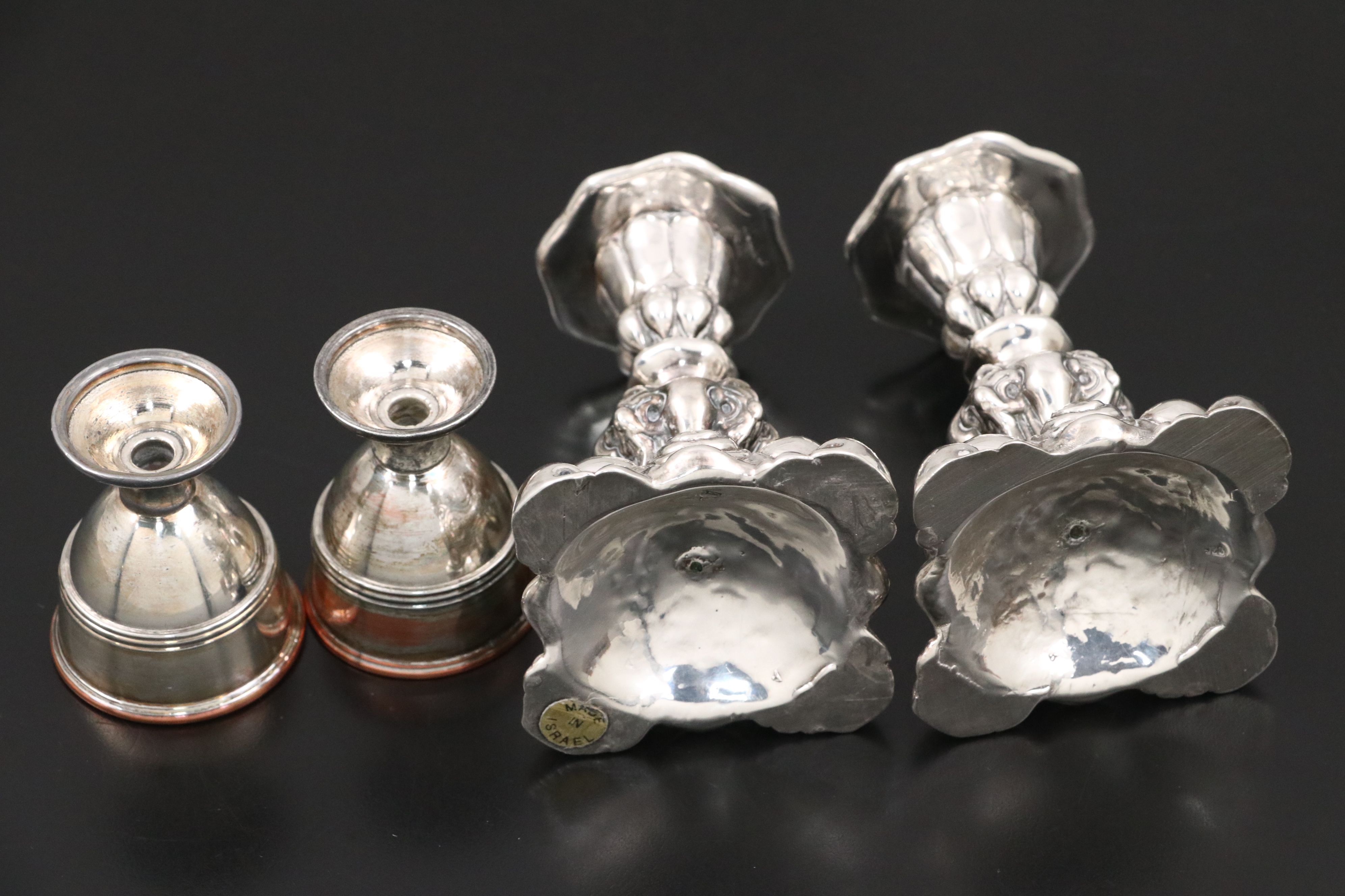 925 Silver Repoussé Candle Holders with Metal Cups, Box, and Decanter Tag