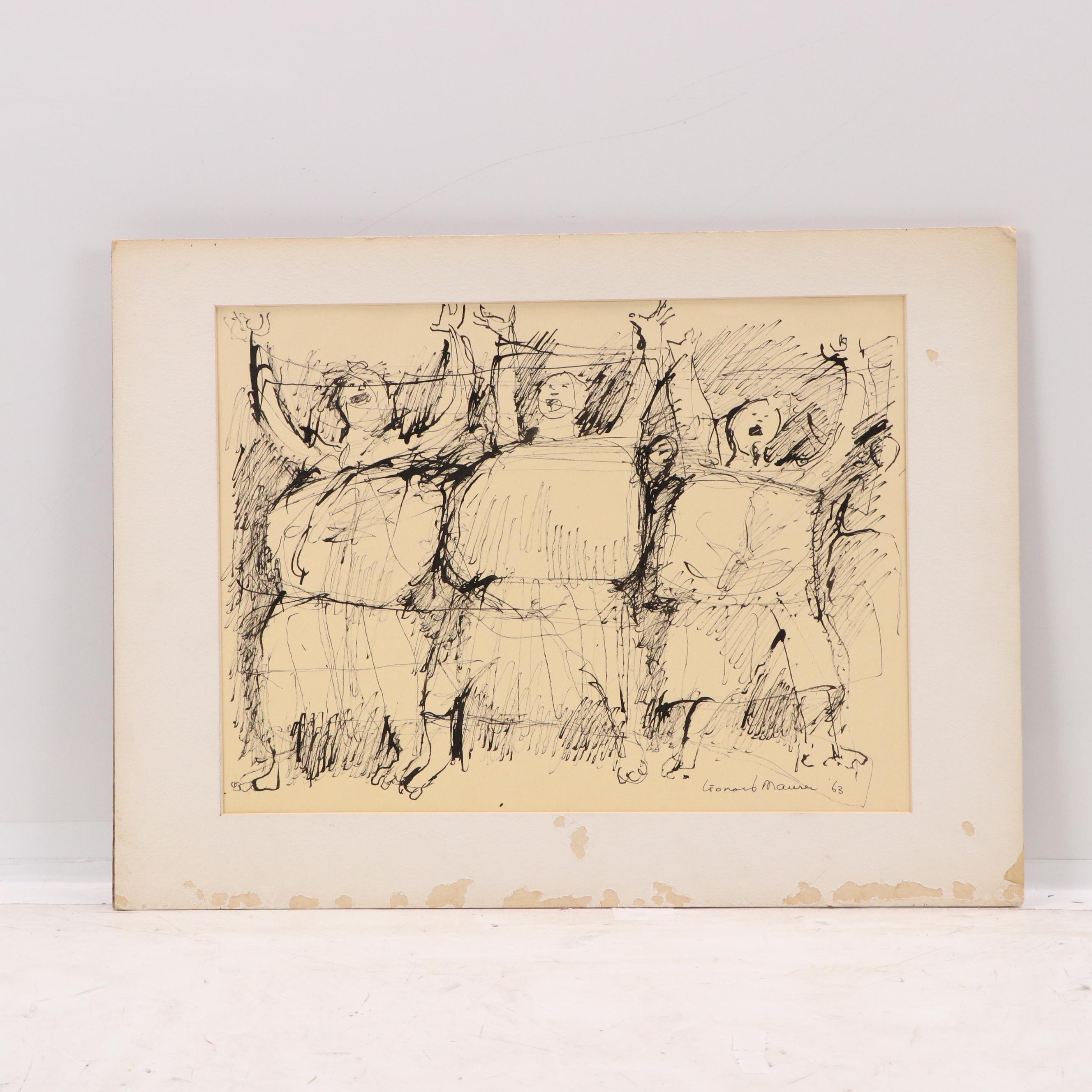 Pair of Leonard Maurer Figural Ink Drawings, 1963