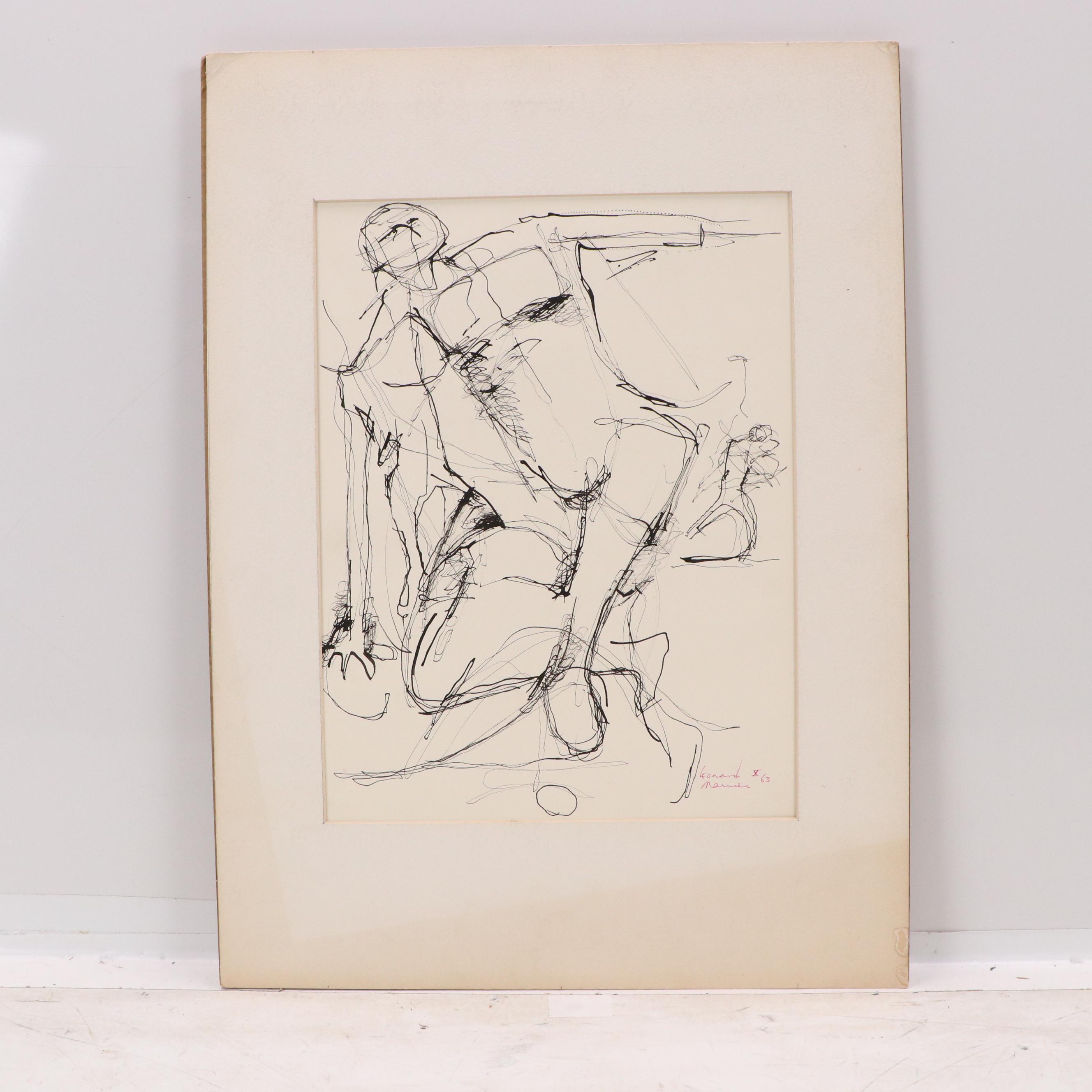 Pair of Leonard Maurer Figural Ink Drawings, 1963