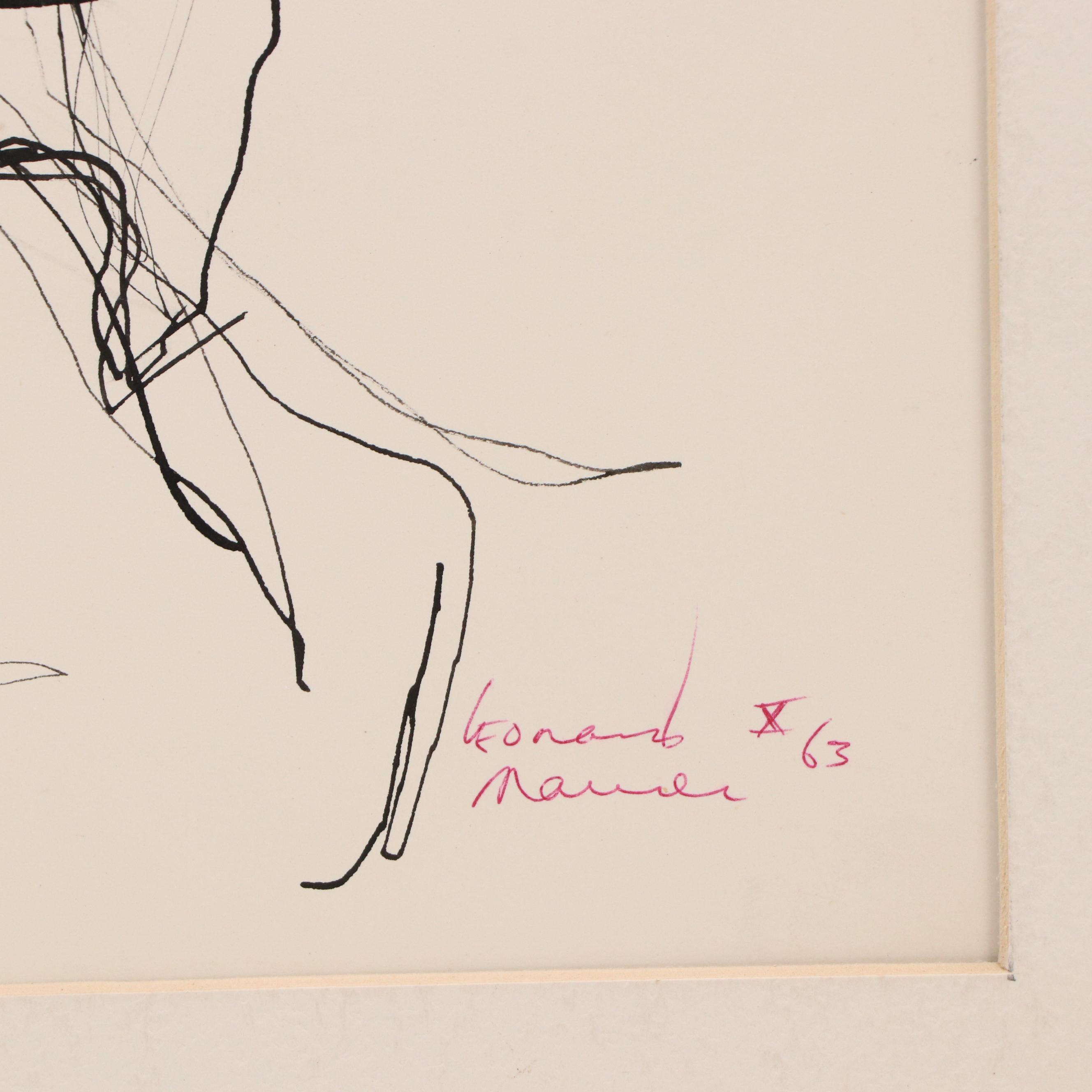 Pair of Leonard Maurer Figural Ink Drawings, 1963