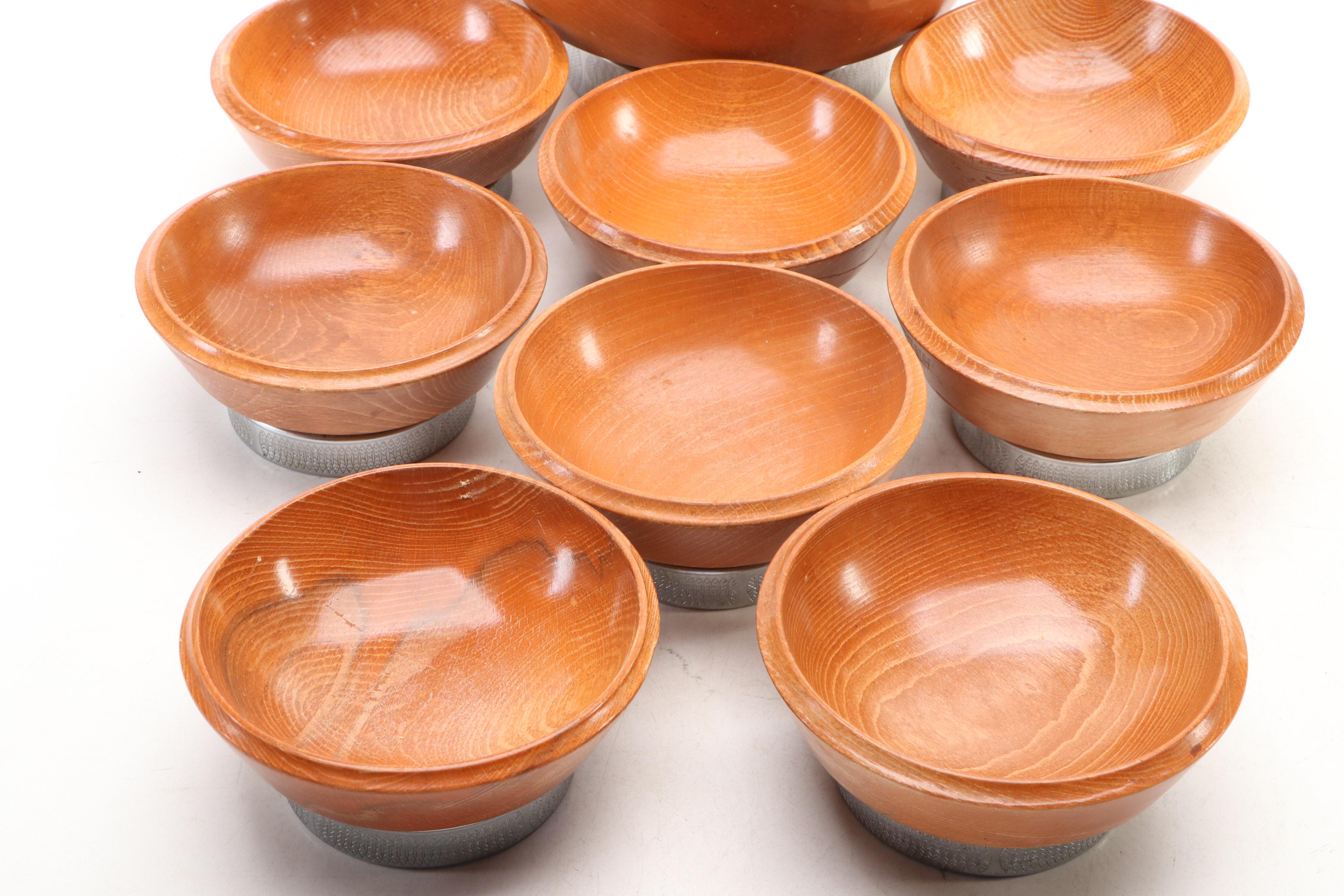 Mid Century Modern Style Silver Footed Wooden Salad Salad Set and Utensils