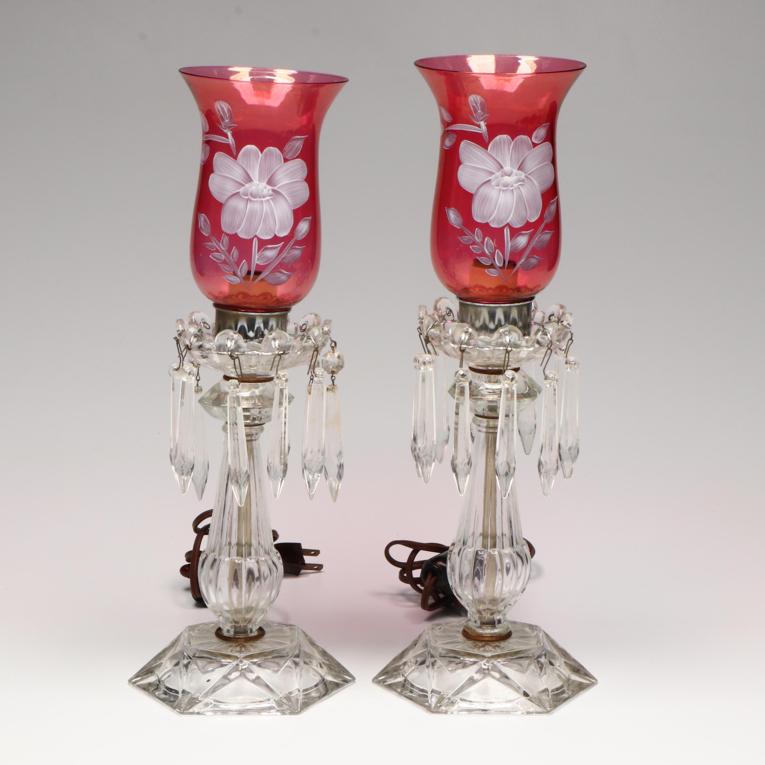 Pair of Glass Mantle Lusters with Painted Hurricane Shades and Prisms