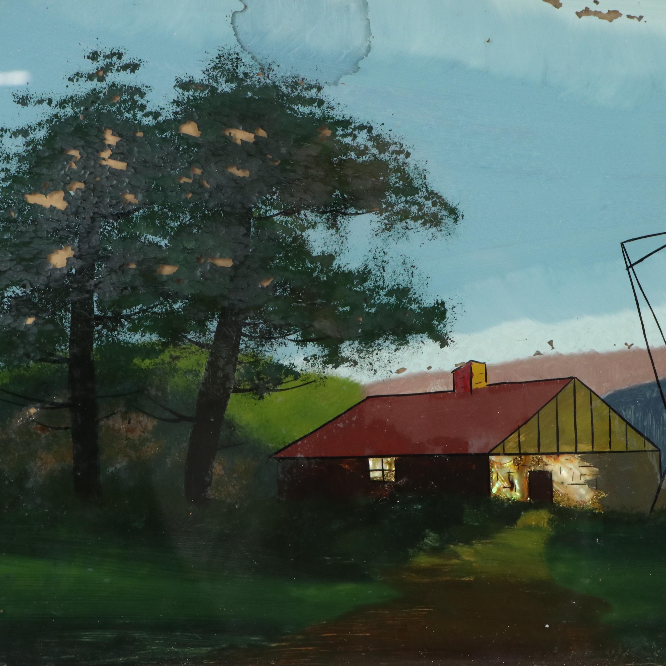 Reverse Glass Painting of Panoramic Landscape with Lighthouses, 20th Century