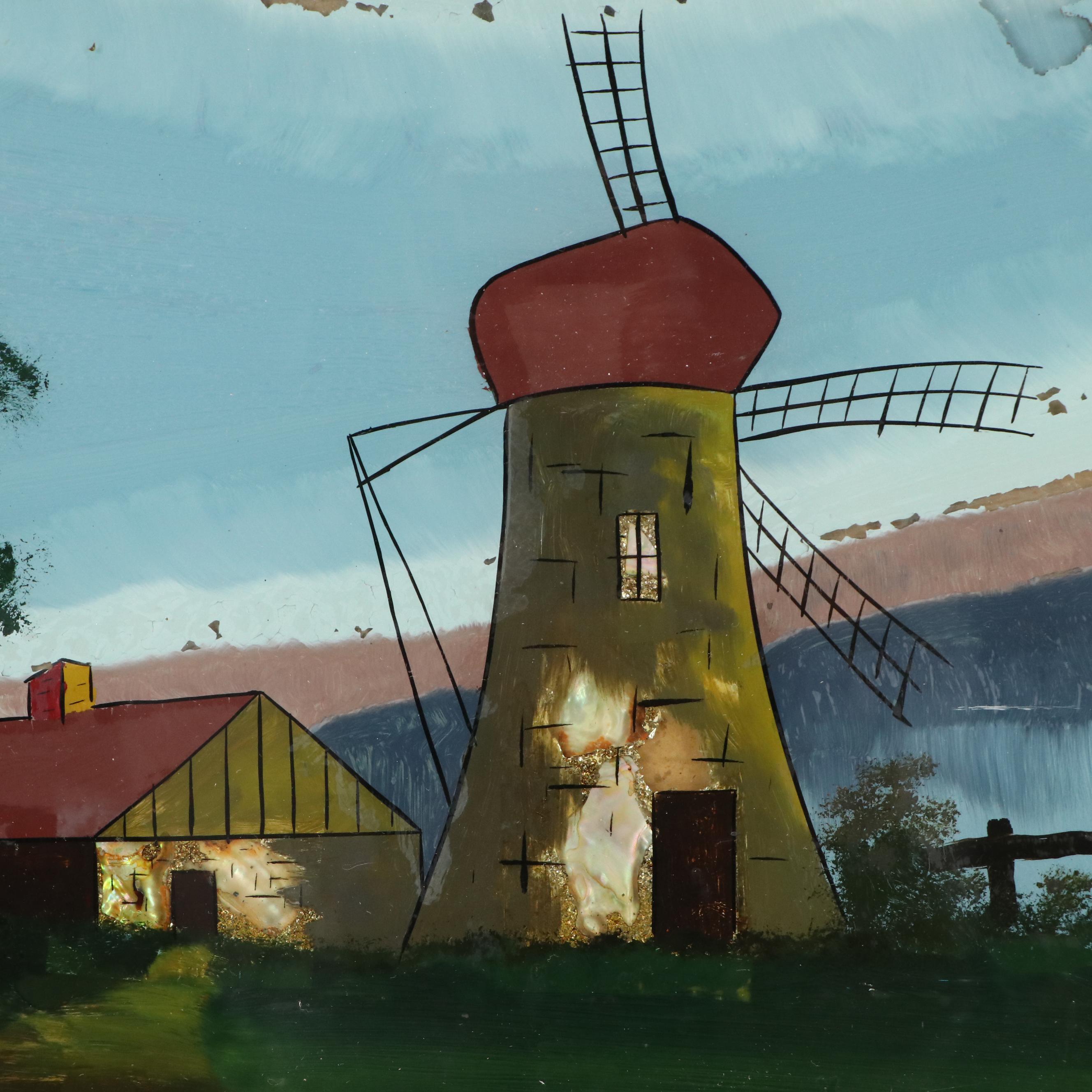 Reverse Glass Painting of Panoramic Landscape with Lighthouses, 20th Century