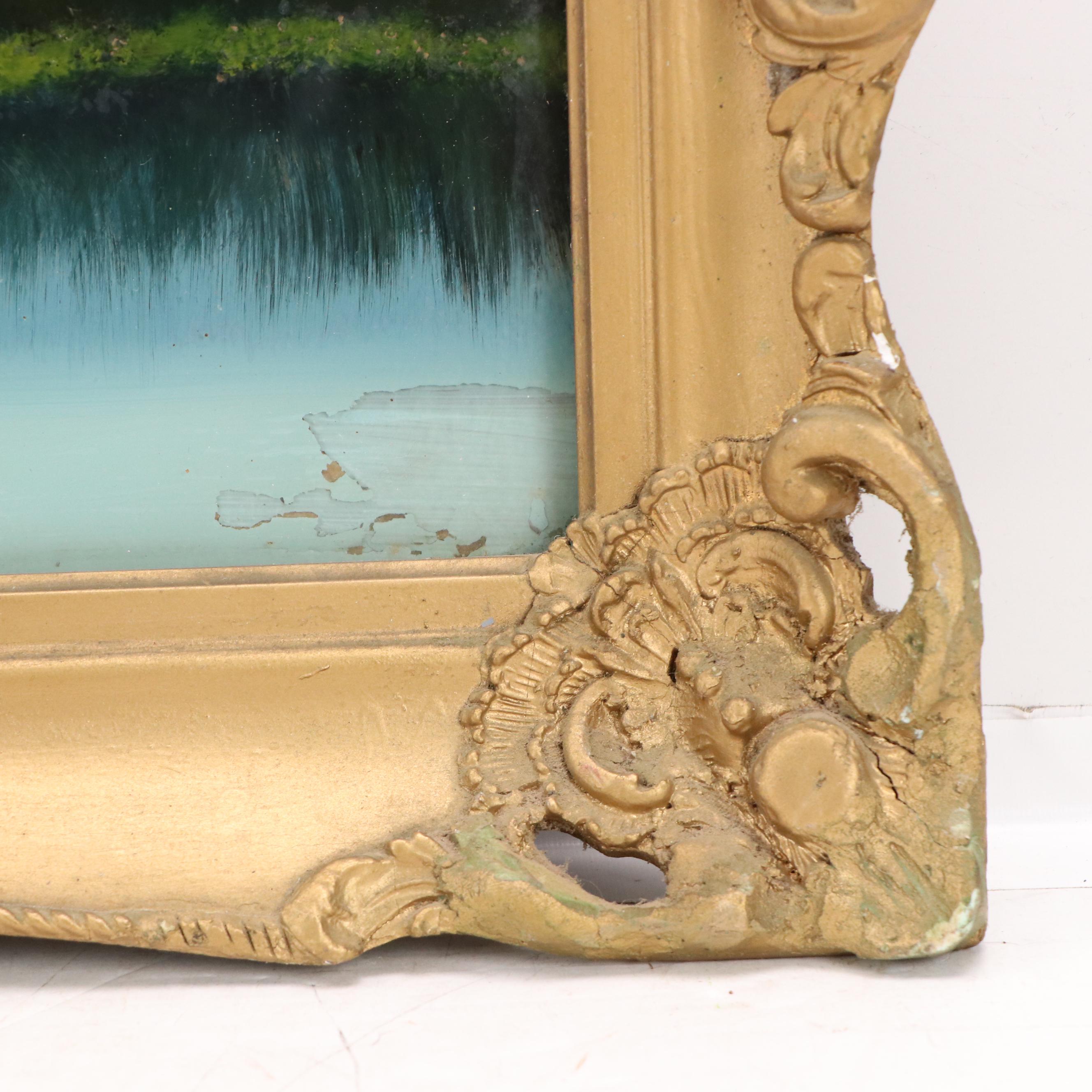 Reverse Glass Painting of Panoramic Landscape with Lighthouses, 20th Century