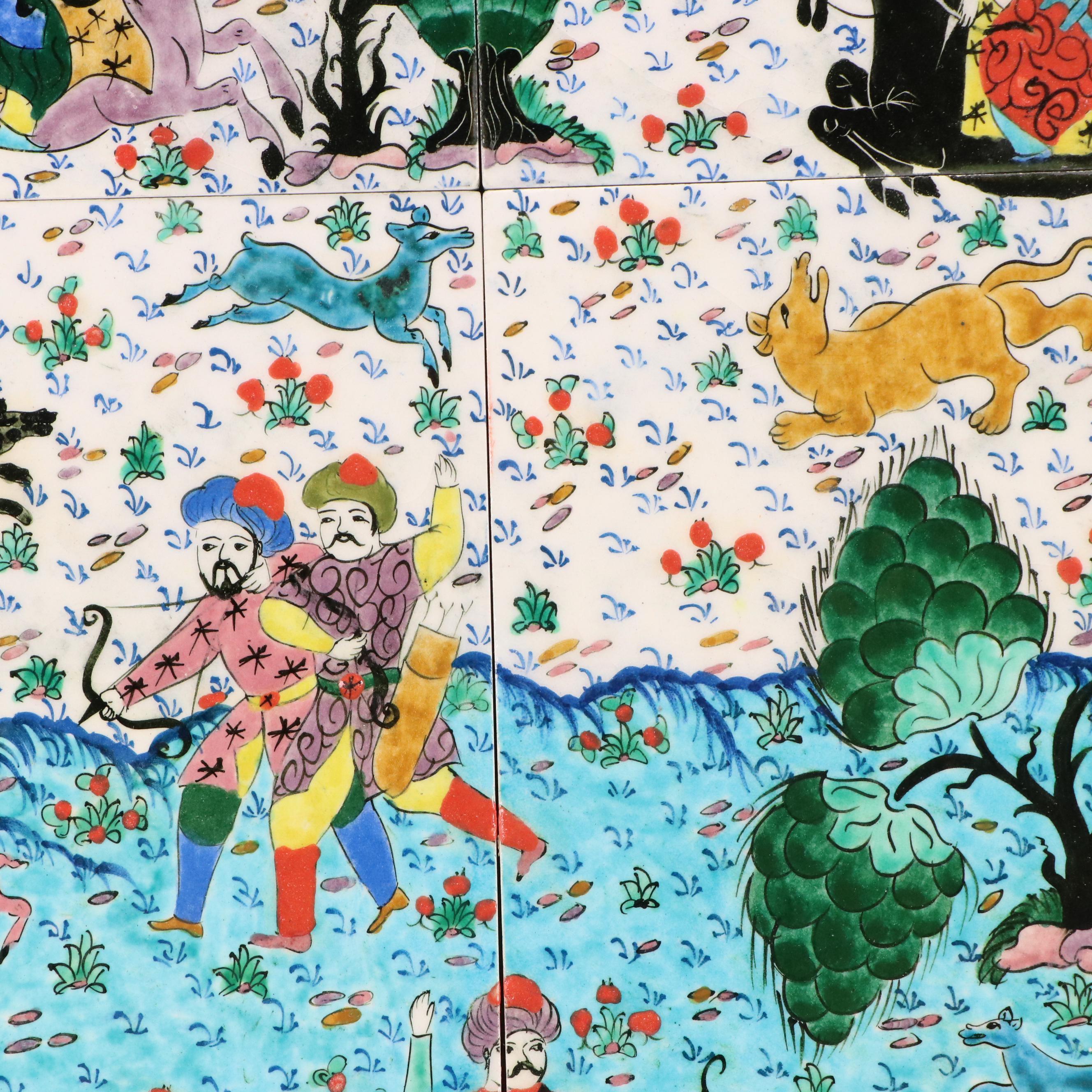Huseyin Sari Turkish Hand-Painted Ceramic Tiles with Hunting Scene