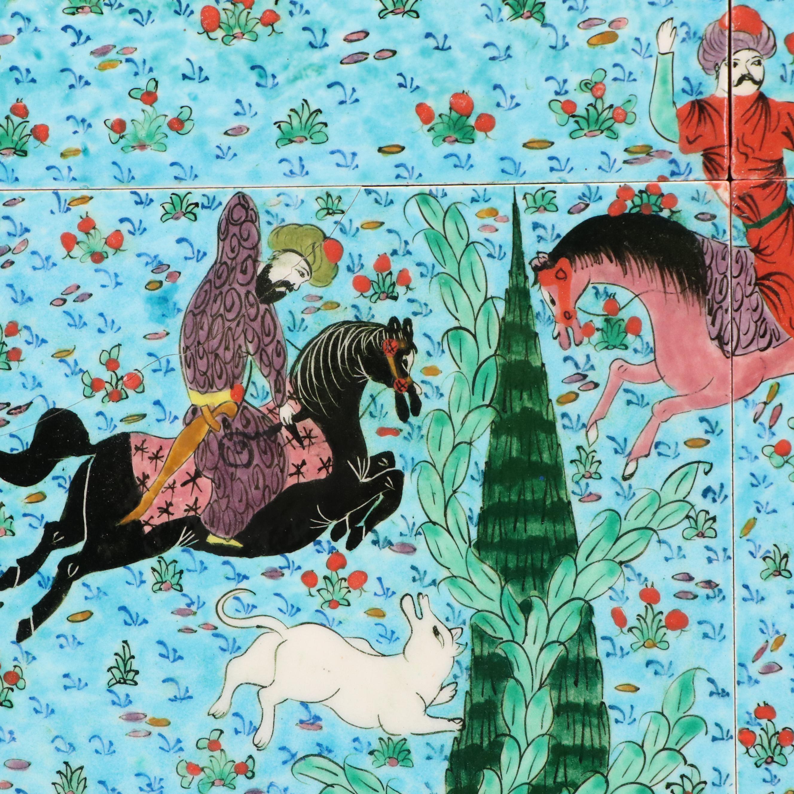 Huseyin Sari Turkish Hand-Painted Ceramic Tiles with Hunting Scene