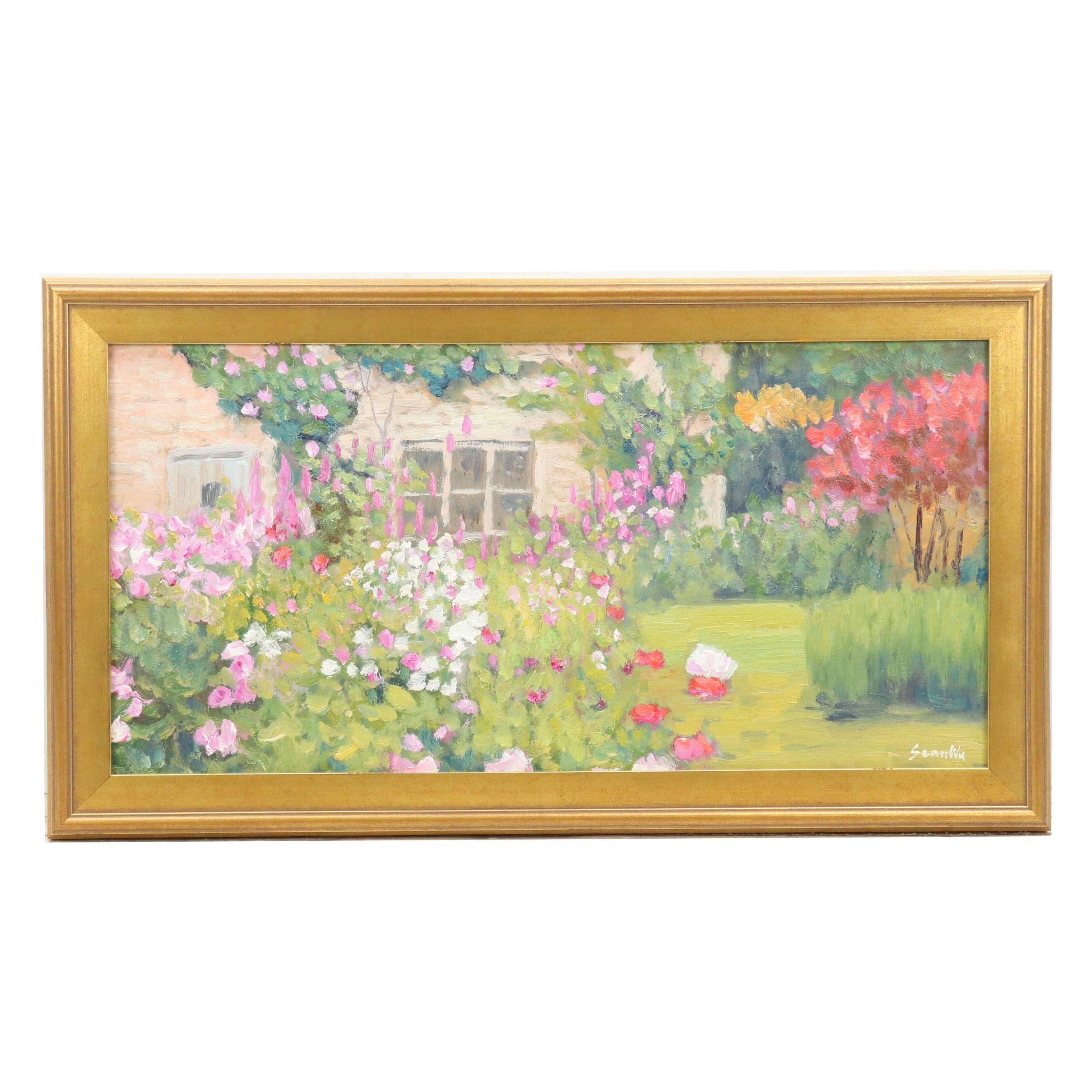 Sean Wu Impressionistic Style Plein Air Oil Painting of Exterior Garden Scene