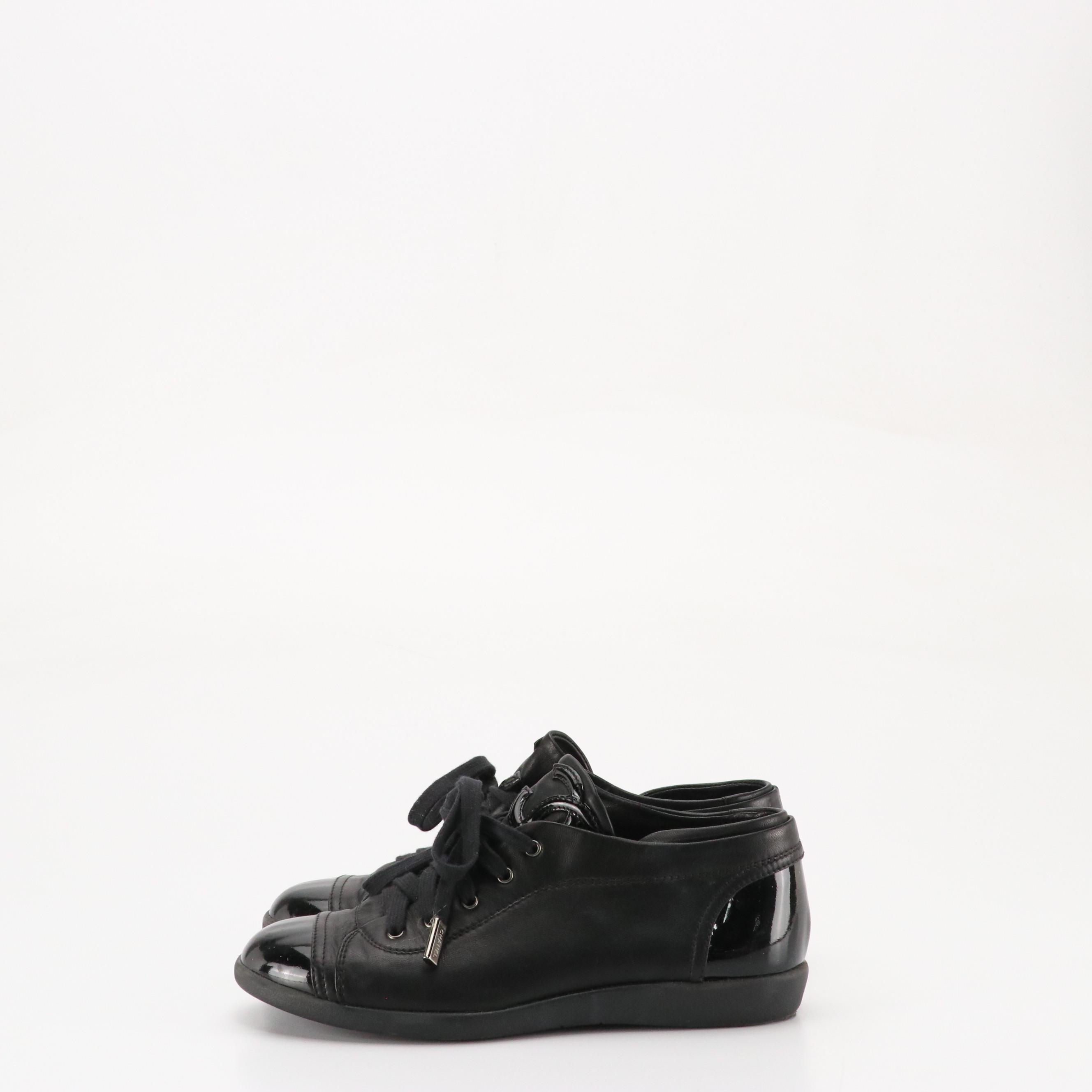 Chanel CC Black Lambskin Leather and Patent Leather Lace-Up Cap Toe Sneakers