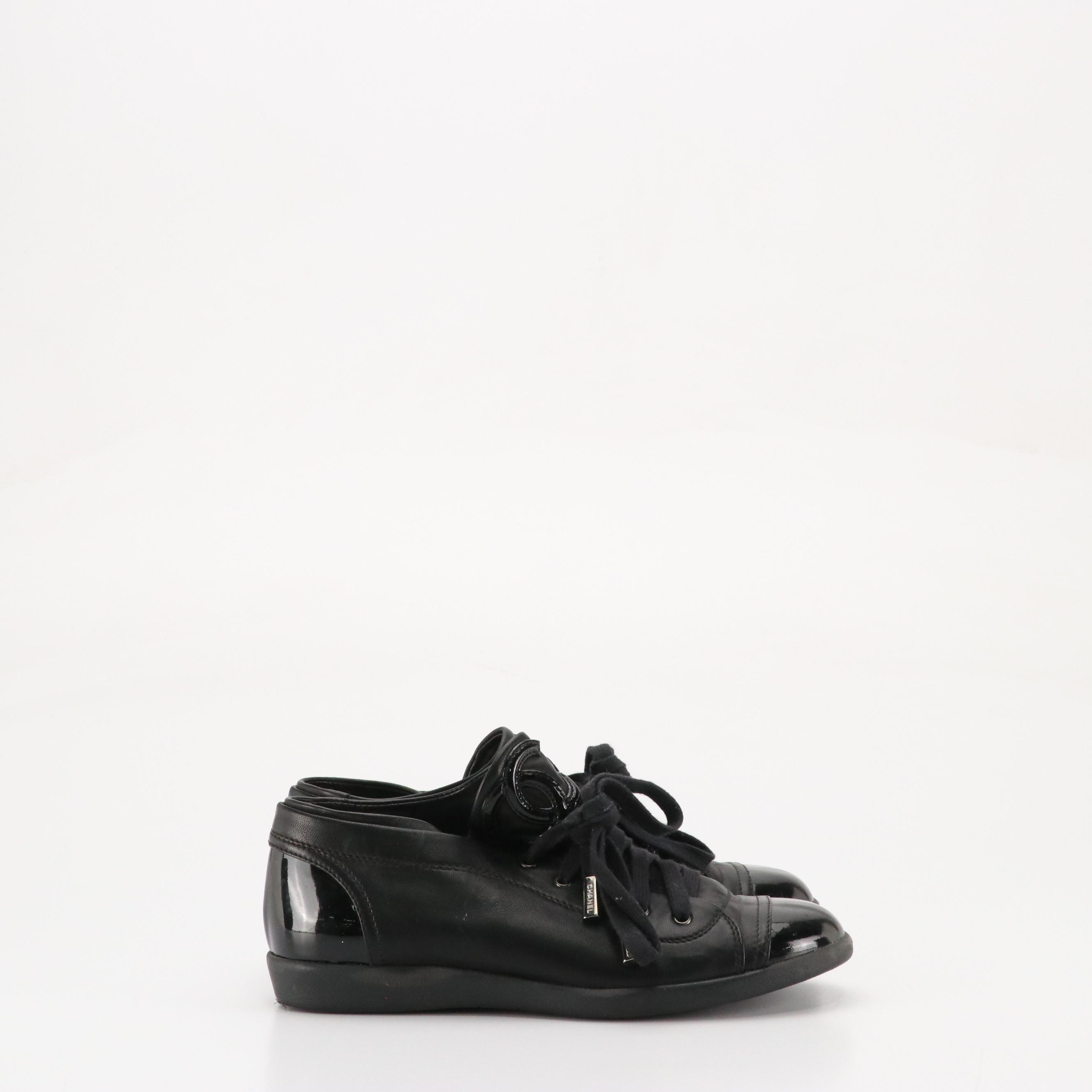 Chanel CC Black Lambskin Leather and Patent Leather Lace-Up Cap Toe Sneakers