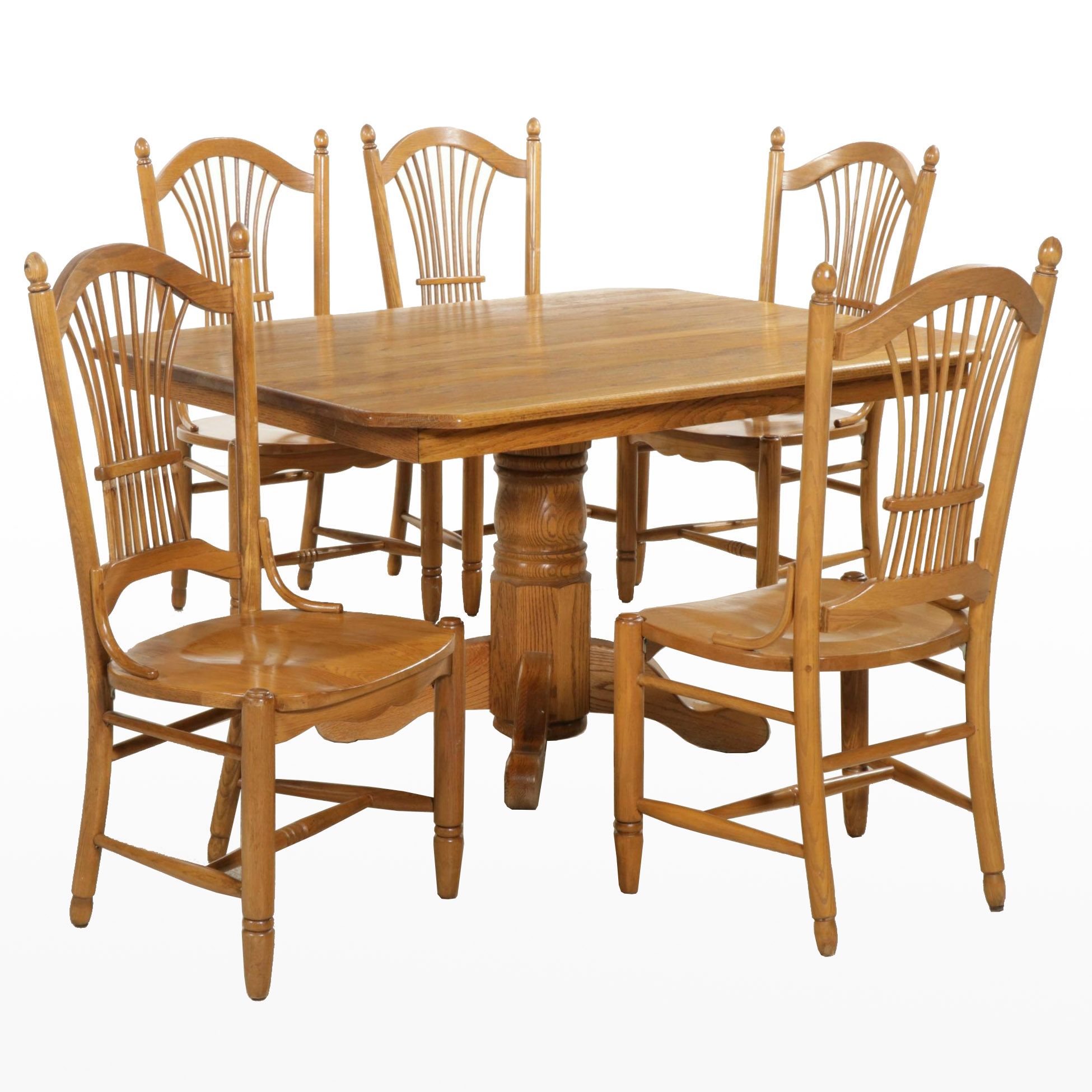 Oak Pedestal Dining Table with Five54 Wheat-Sheaf Oak Chairs, Late 20th Century