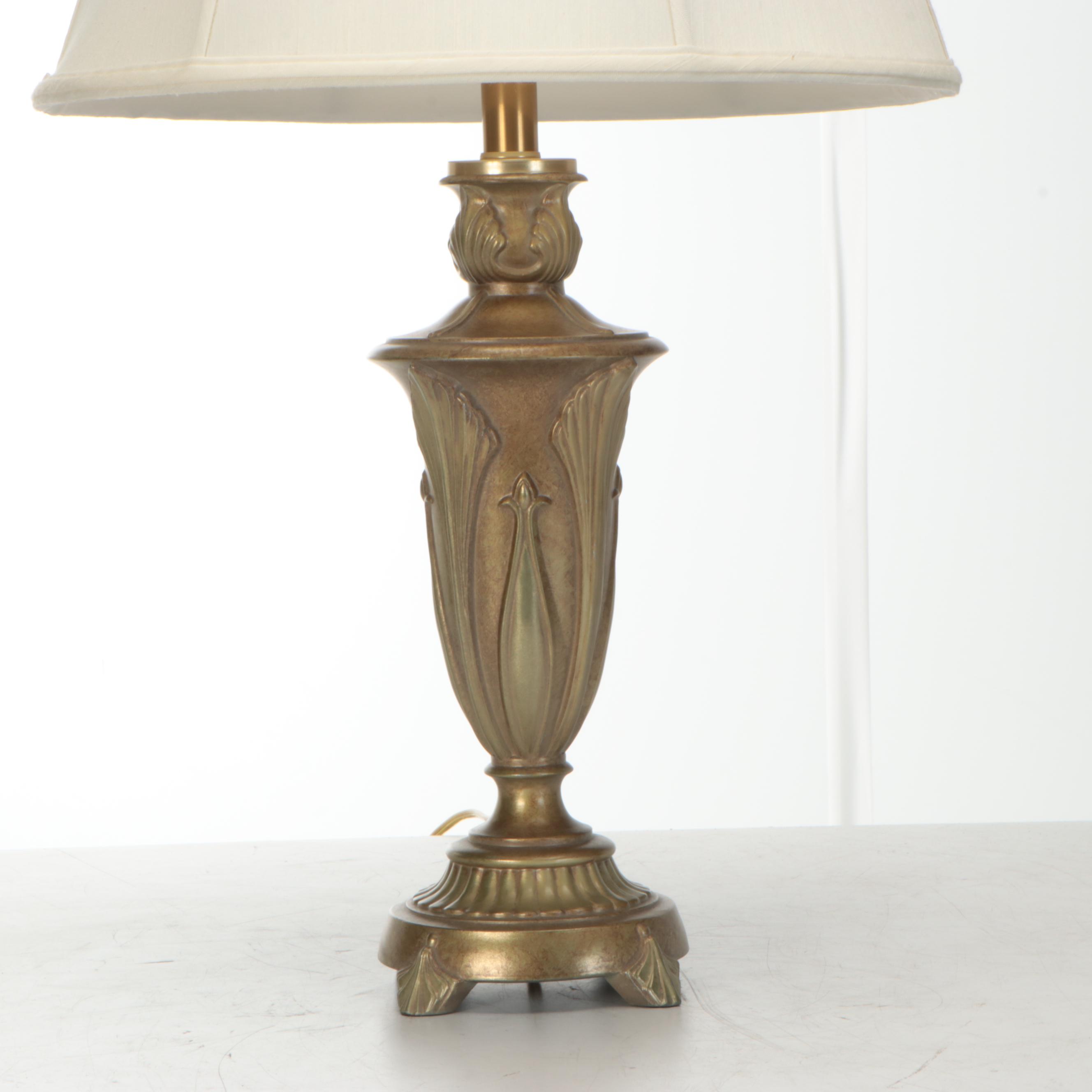 Neoclassical Style Aged Gold Tone Metal Table Lamp with Silk Shade