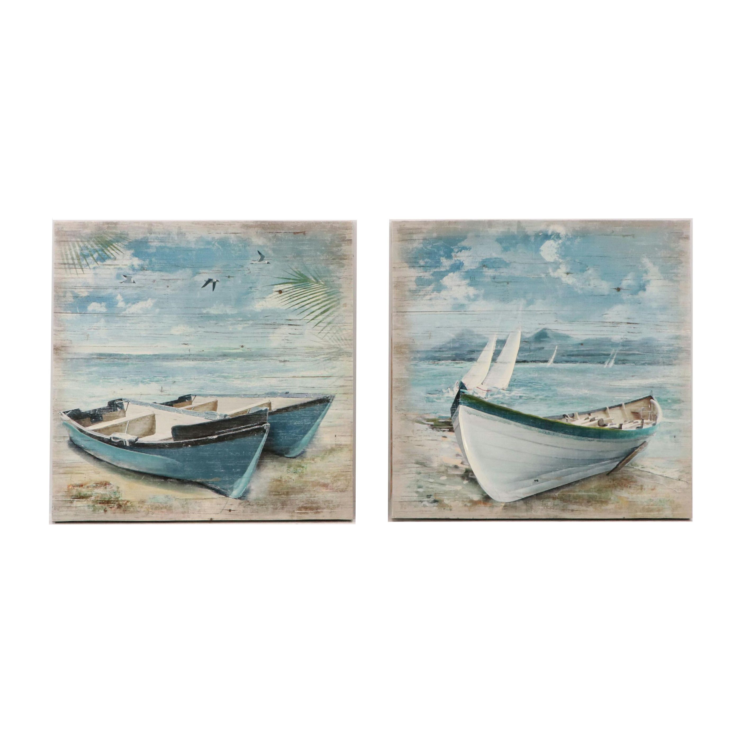 Embellished Coastal Giclée Diptych of Boats on Beach, 21st Century