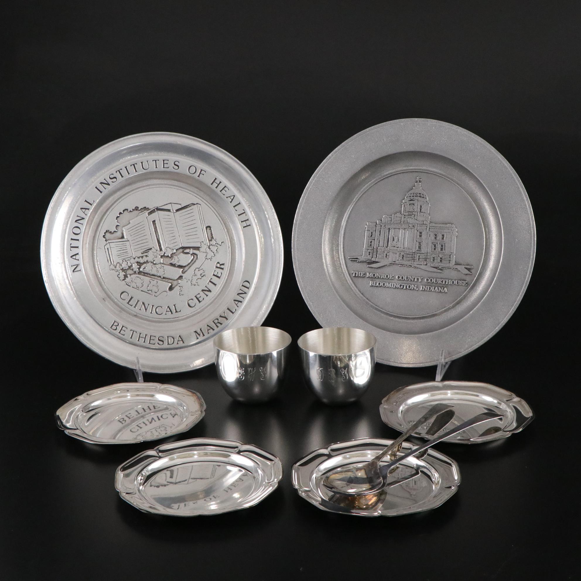 Kirk Pewter "Jefferson" Cups with Commemorative Plates and Silver Plate Items
