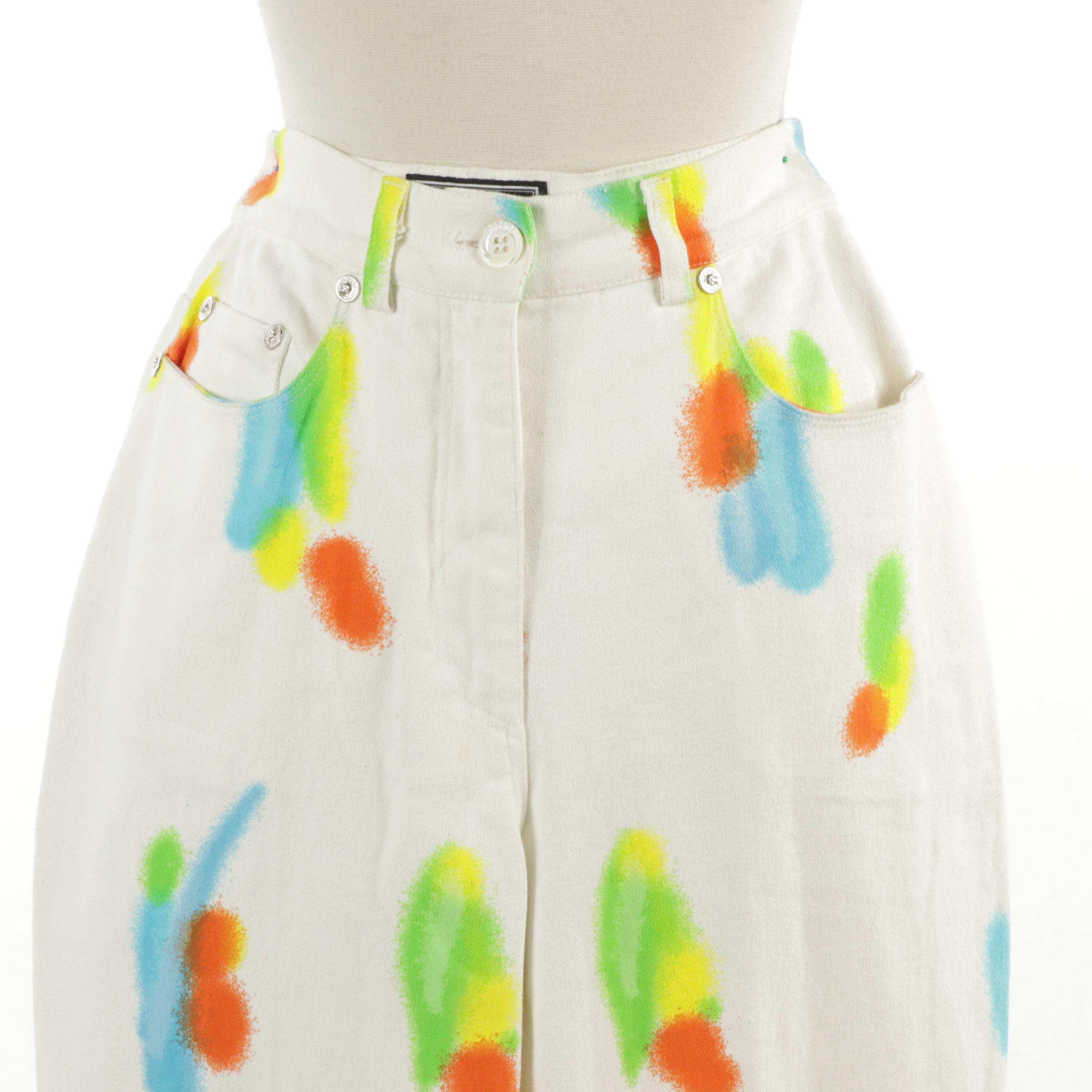 Versus Gianni Versace High-Waisted Jeans in Multicolored Splattered White Denim