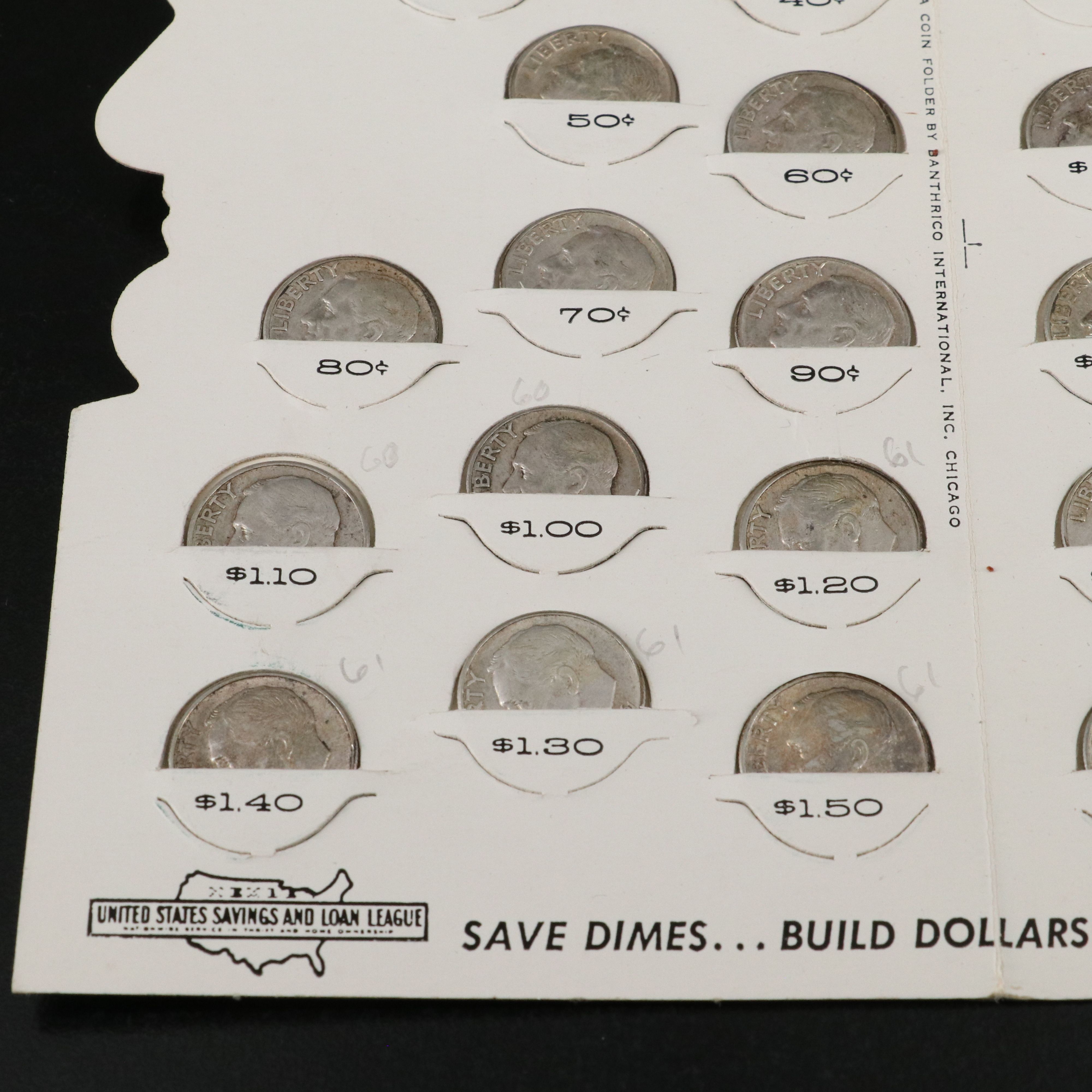Ninety Roosevelt Silver Dimes in Vintage Bank Savings Folders