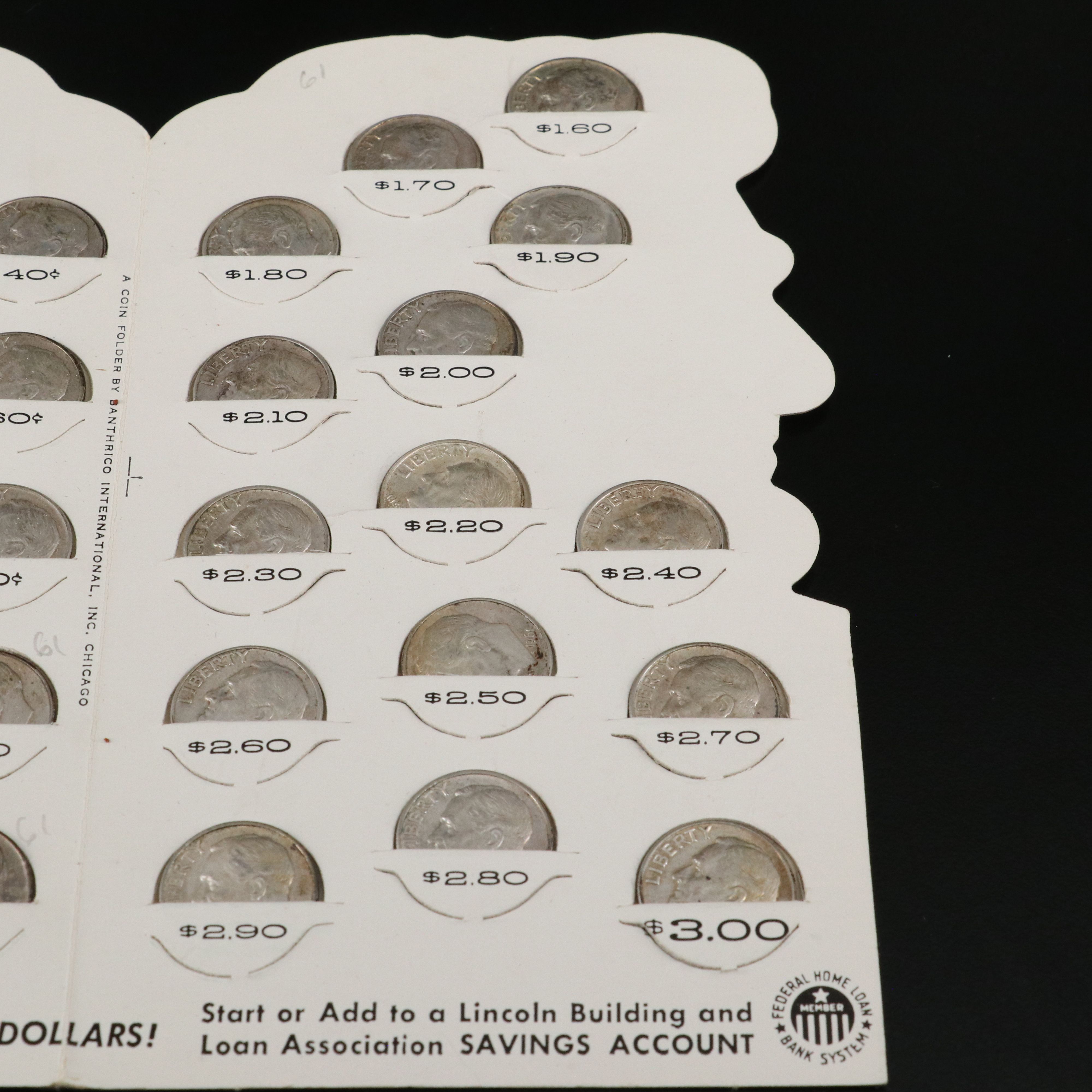 Ninety Roosevelt Silver Dimes in Vintage Bank Savings Folders