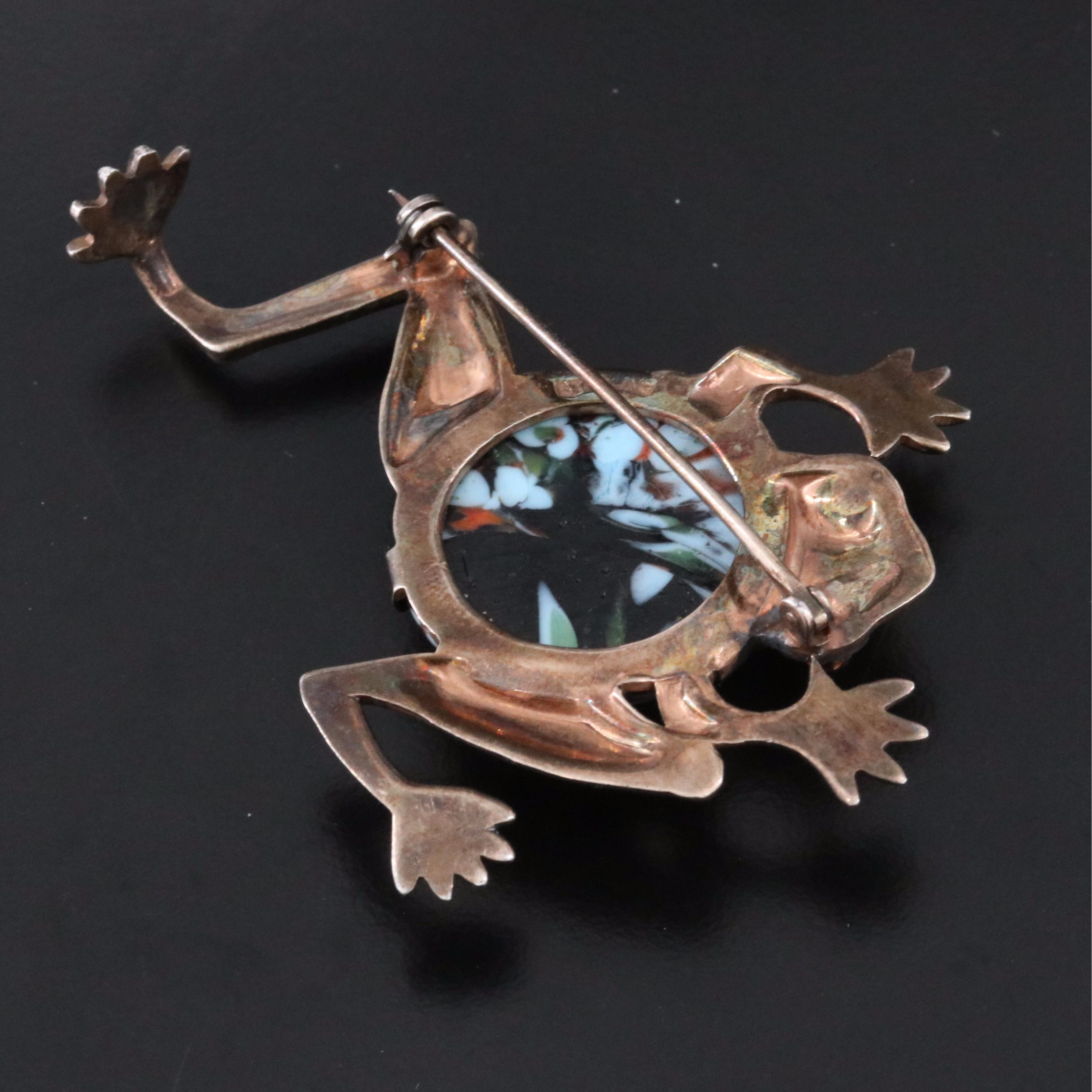 Sterling Art Glass Frog Brooch