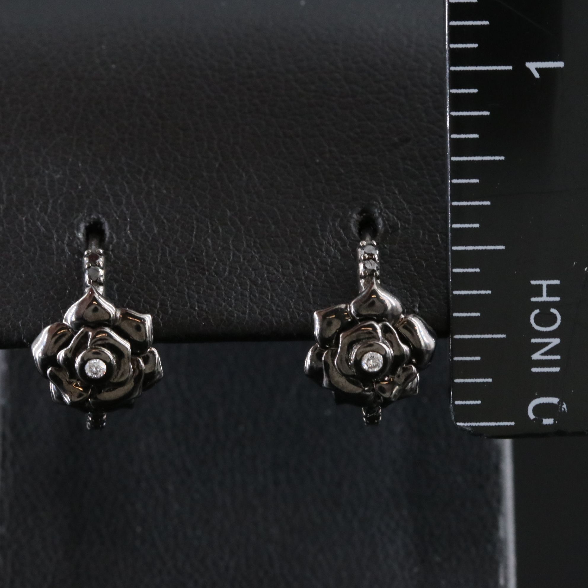 Sheryl Lowe Sterling Black Rose and Diamond Hoop Earrings