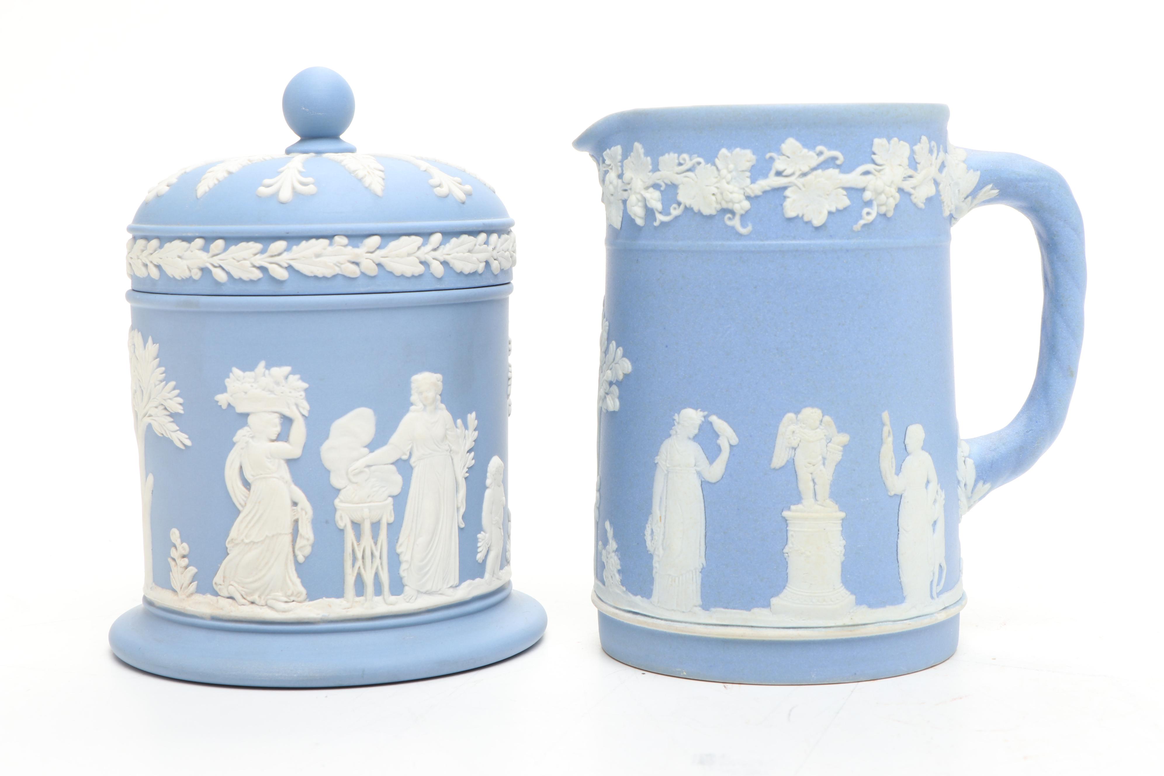 Wedgwood White on Blue and Lavender Jasperware Ashtrays, Compote, and More Décor