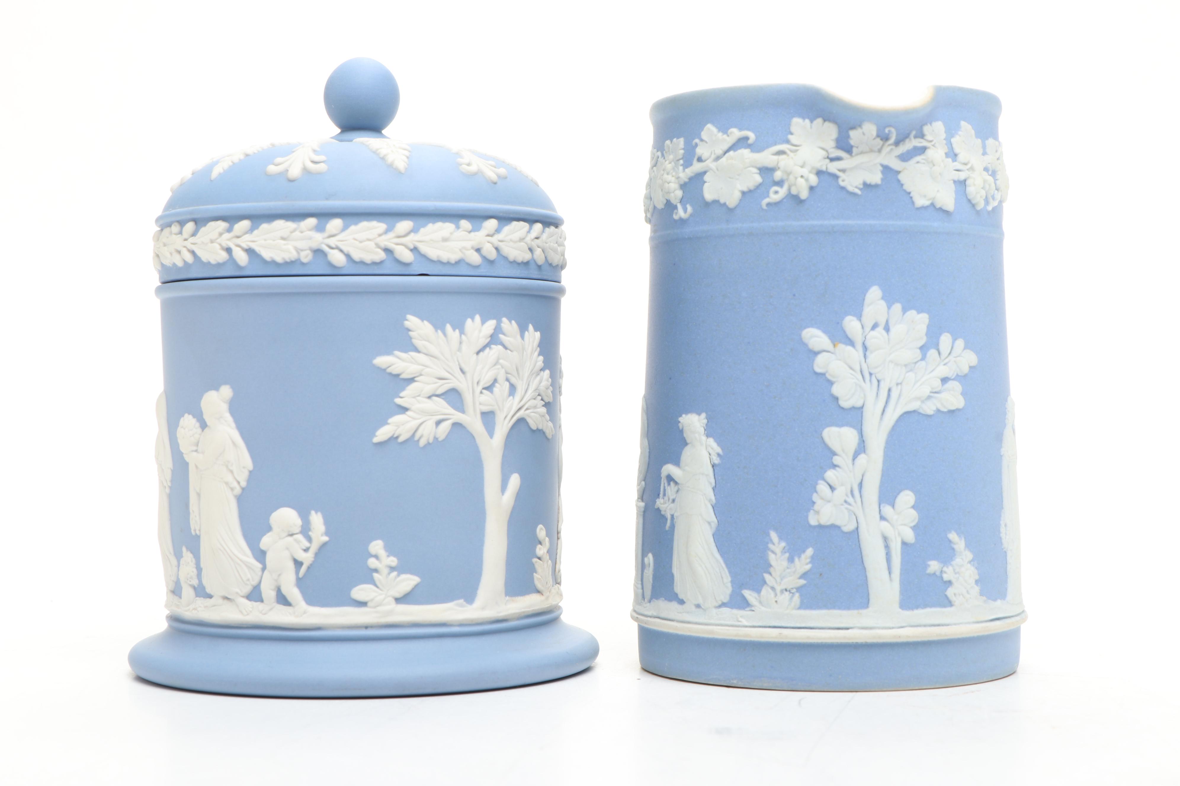 Wedgwood White on Blue and Lavender Jasperware Ashtrays, Compote, and More Décor