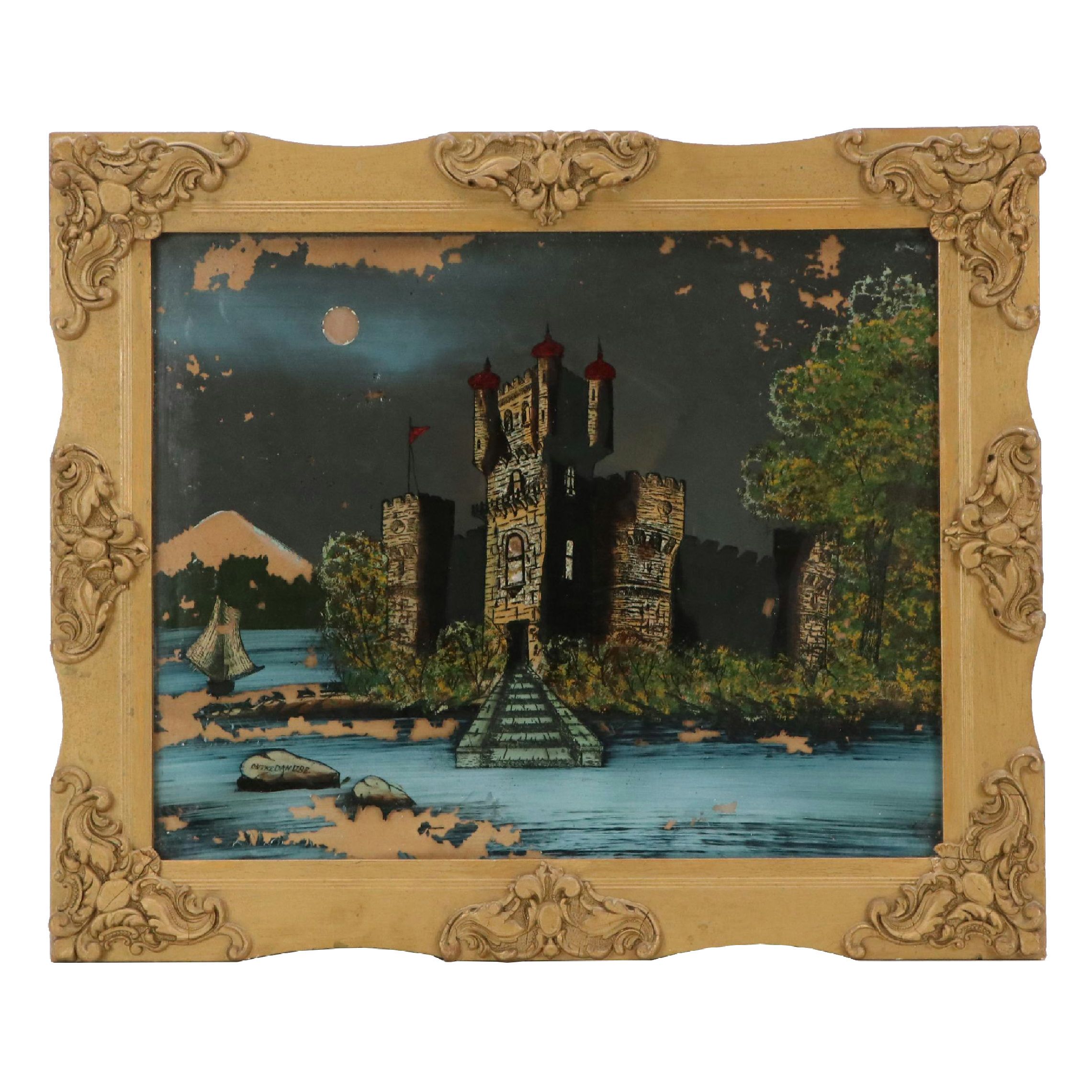 Scenic Reverse Glass Painting "On The Danube," 20th Century