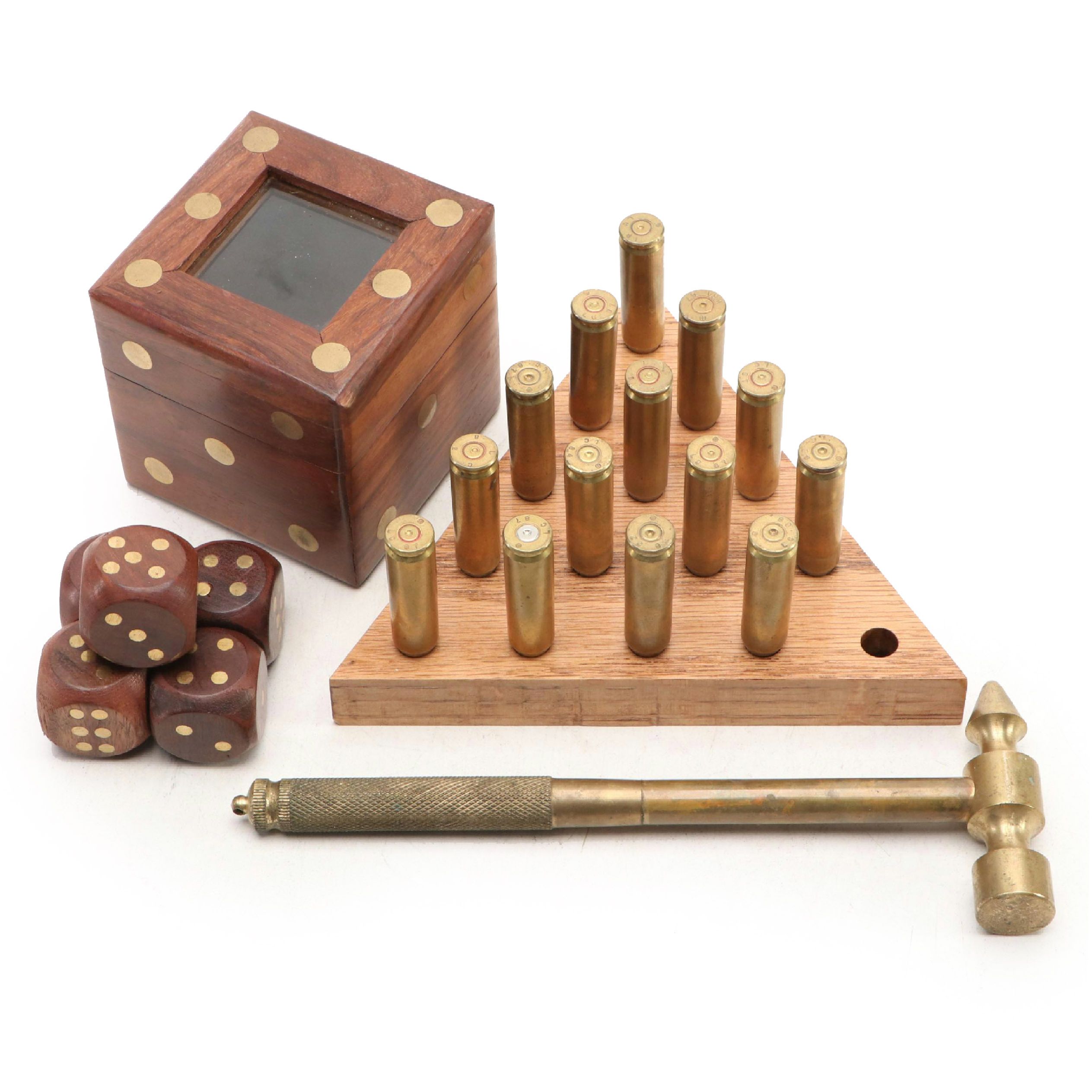Wood and Brass Peg with Dice Set and Brass Hammer