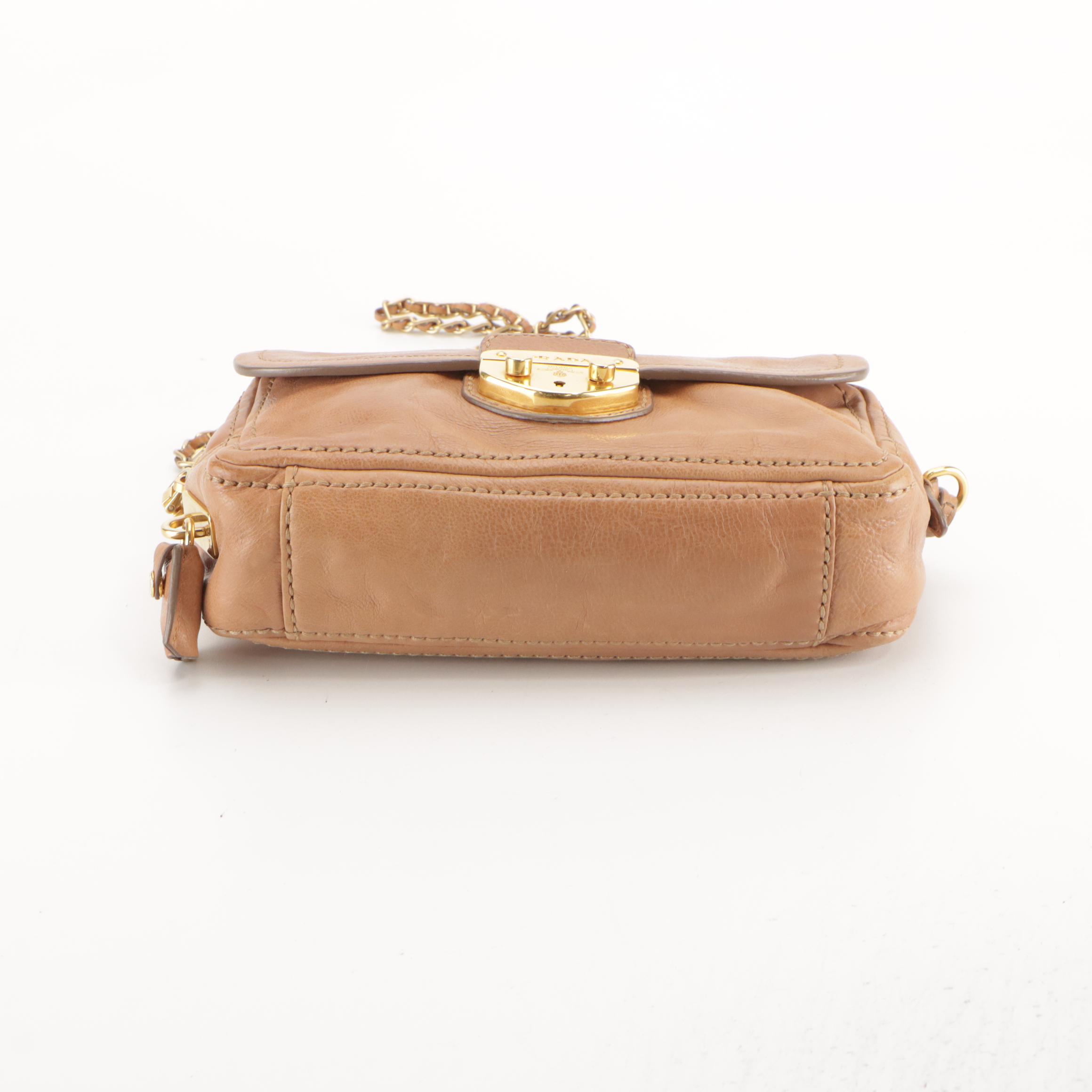 Prada Lock-Front Zip Around Chain Strap Bag in Beige Glace Calf Leather