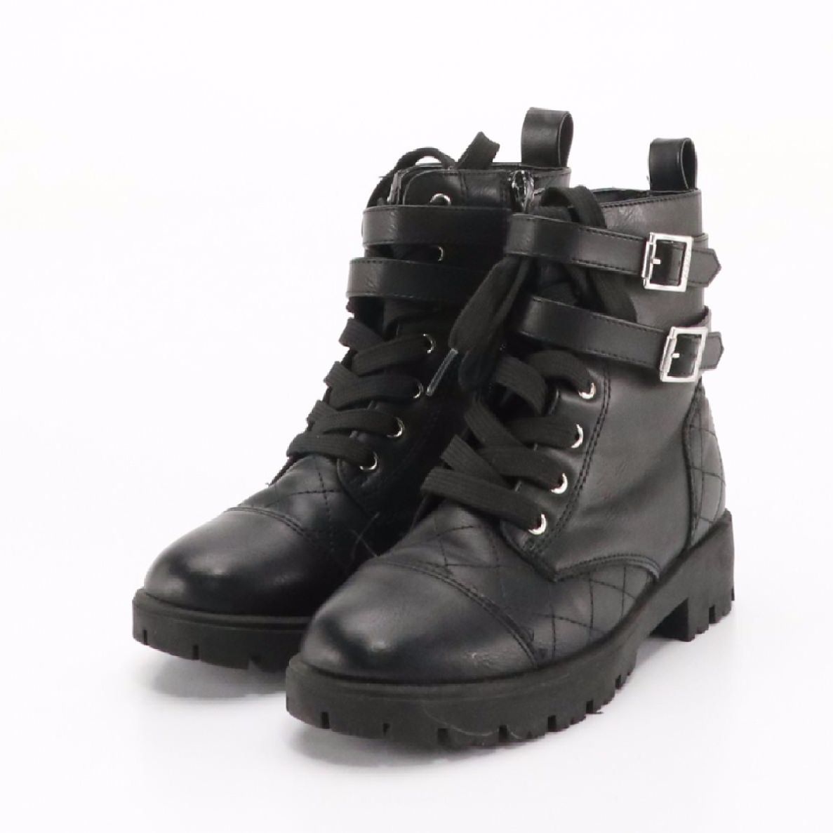Girls' XOXO "Arianna" Lace-Up Buckle Strap Combat Boots in Black Faux Leather