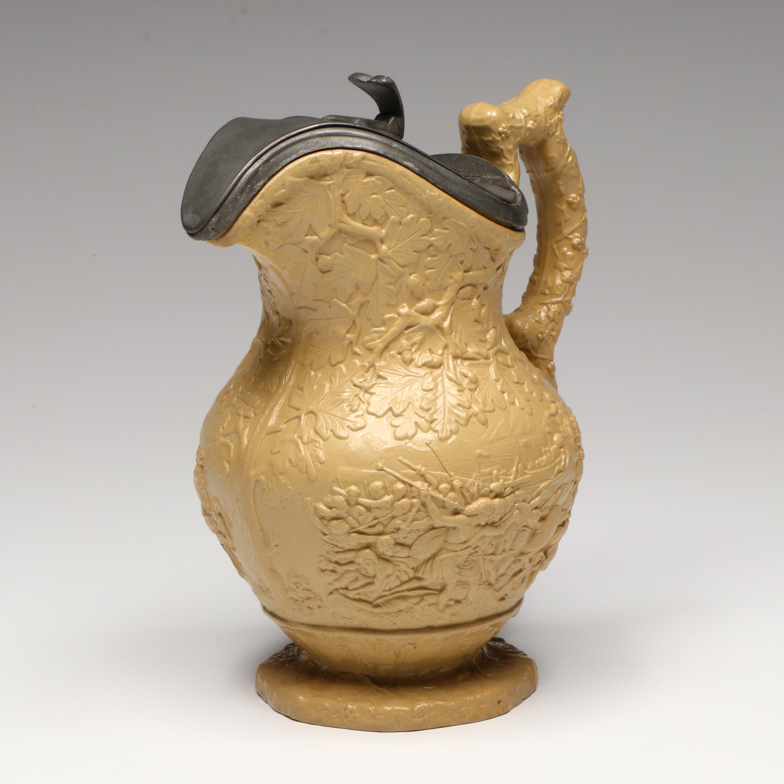 Charles Meigh "Julius Caesar" Relief Molded Earthenware Pitcher with Pewter Lid