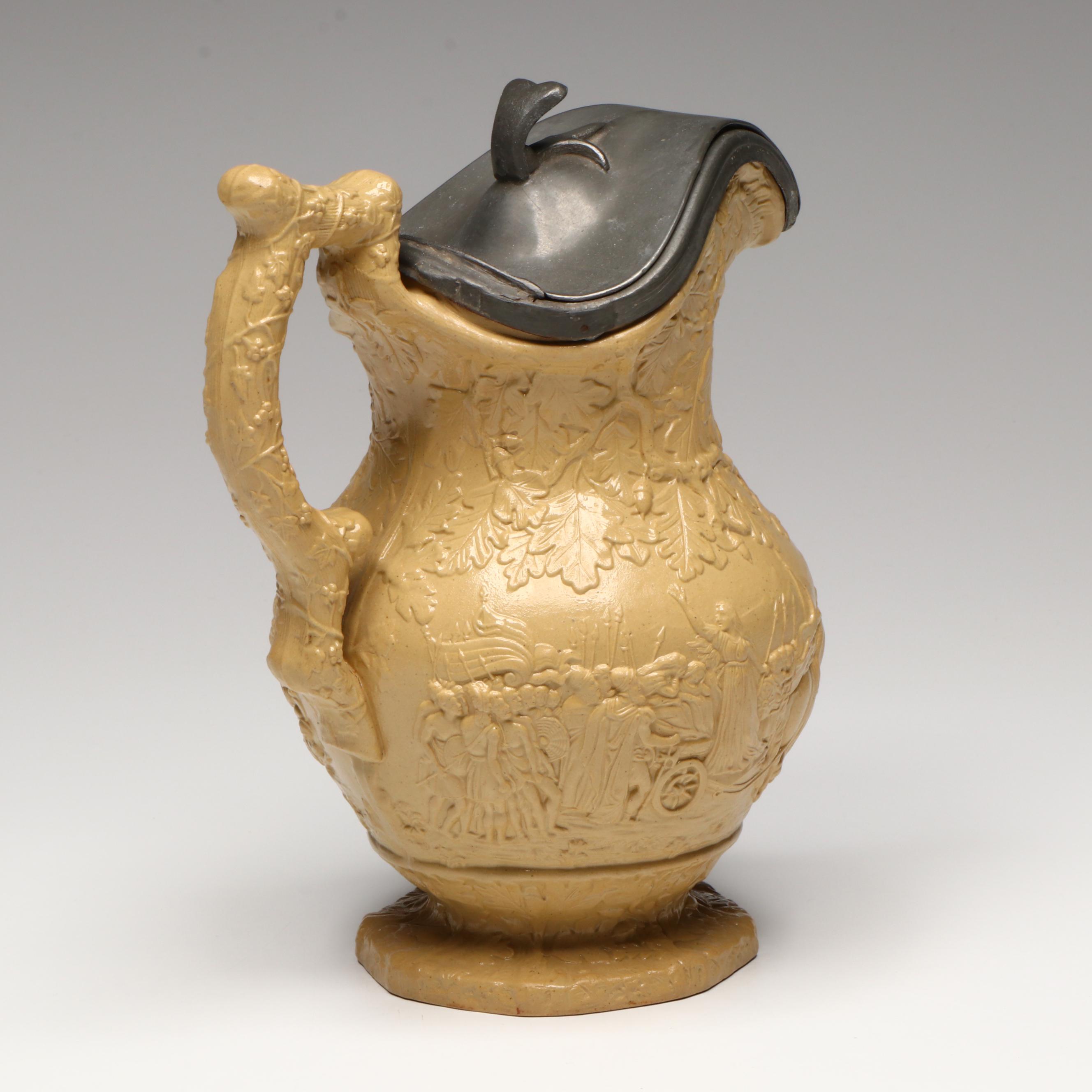 Charles Meigh "Julius Caesar" Relief Molded Earthenware Pitcher with Pewter Lid